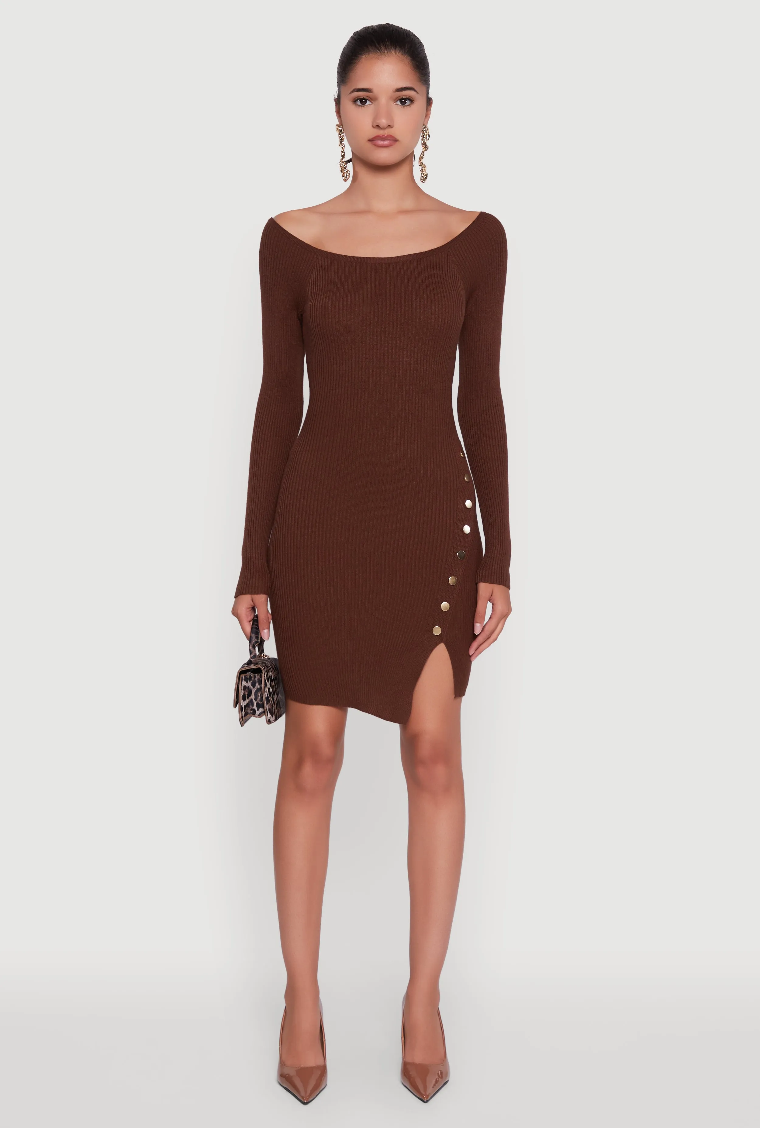 Metallic Button Detail Side Slit Boat Neck Sweater Dress Star Warm Trendy Print