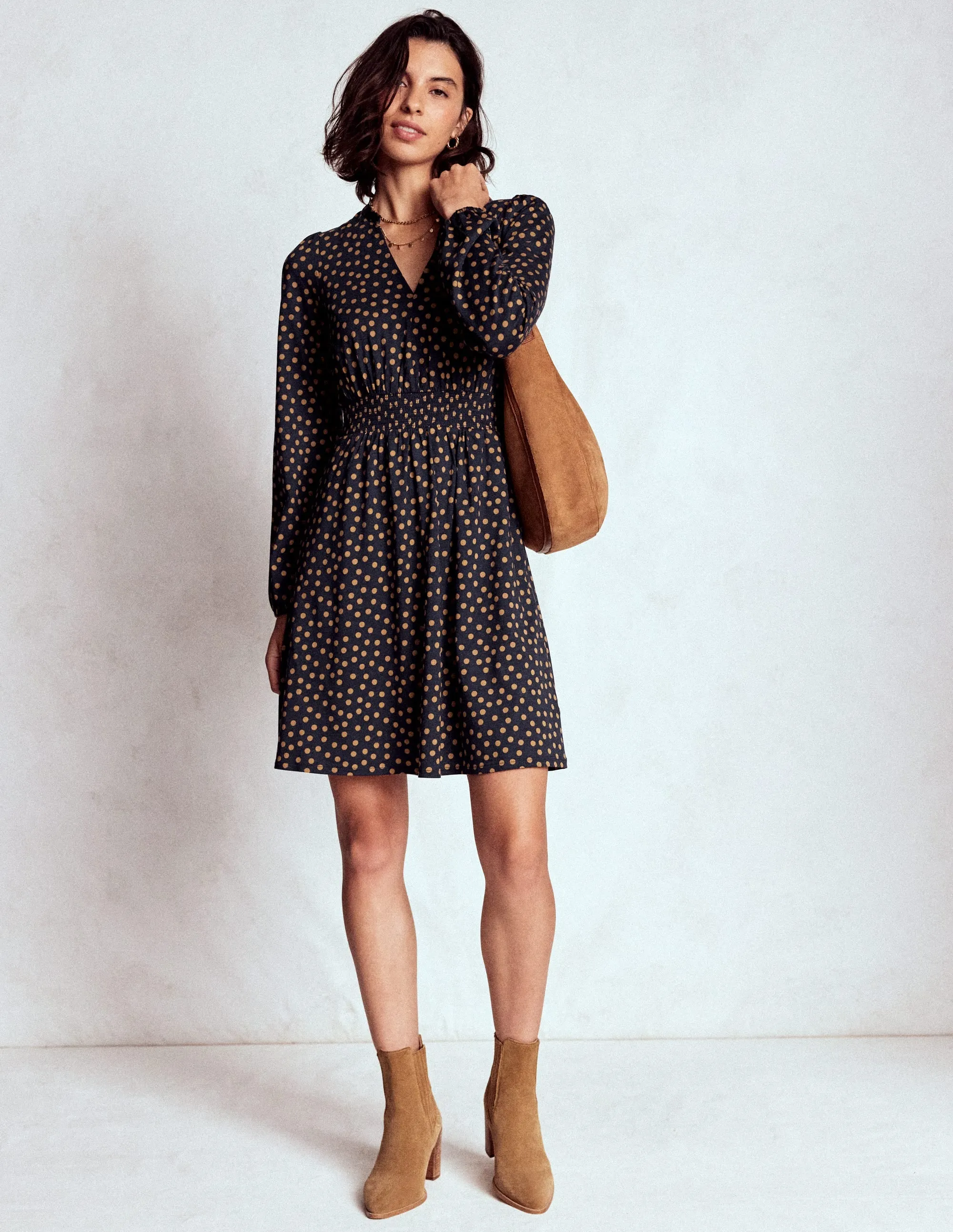 Sarah Short Jersey Dress-French Navy, Dijon Dot Scene Hot Stage Warm