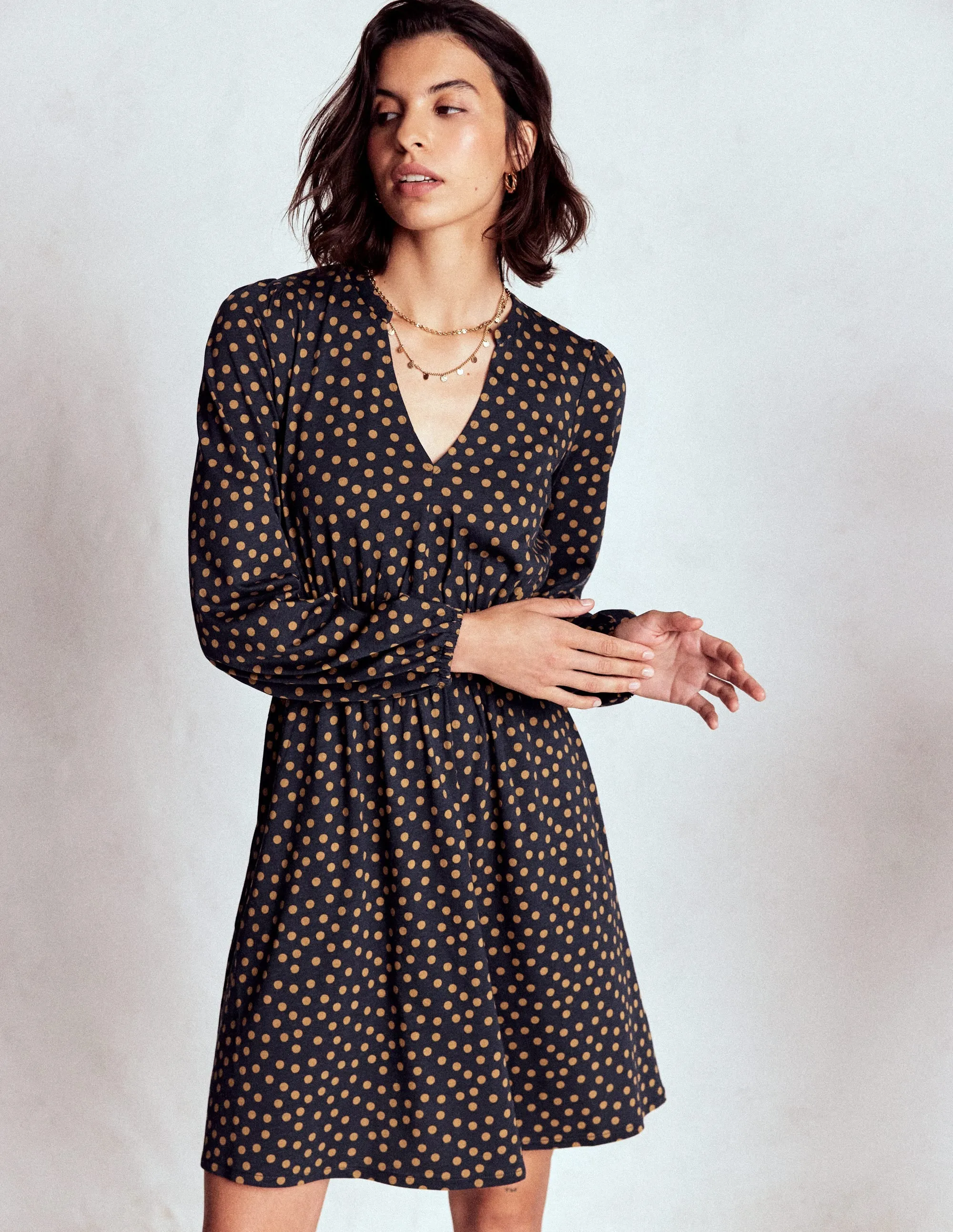 Sarah Short Jersey Dress-French Navy, Dijon Dot Pleated Texture Effect Comfort Fit