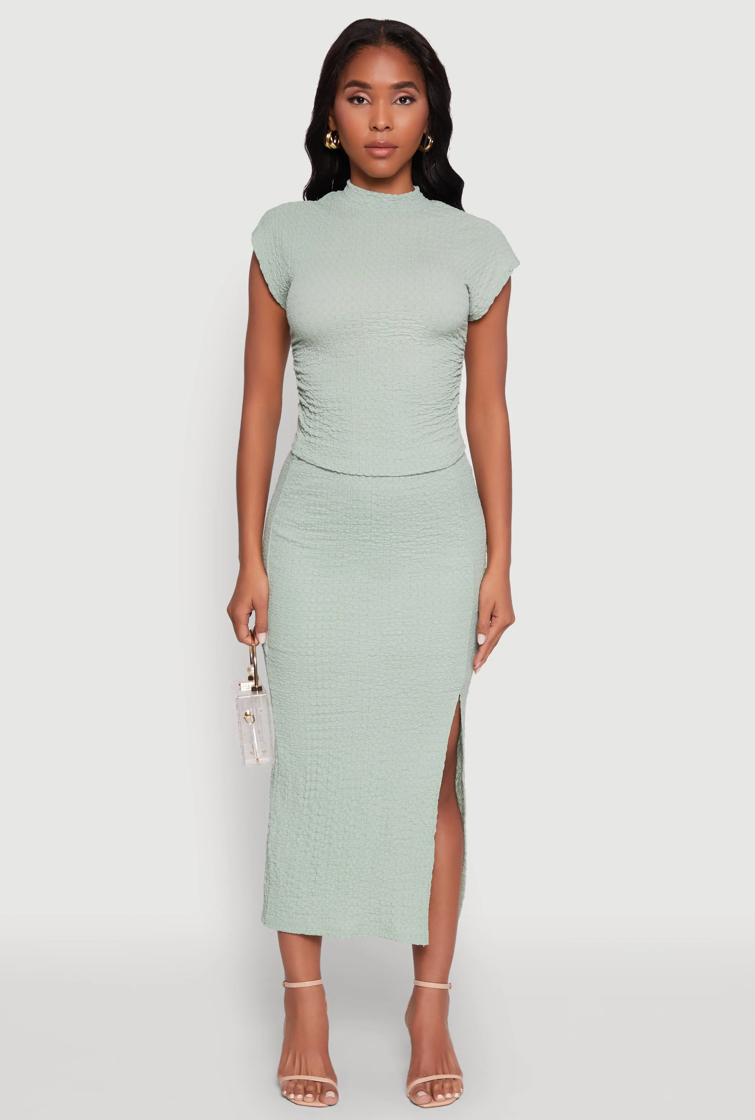 Iris Textured Knit Midi Skirt with Side Slit Moisture Wicking Textile Vegan Material