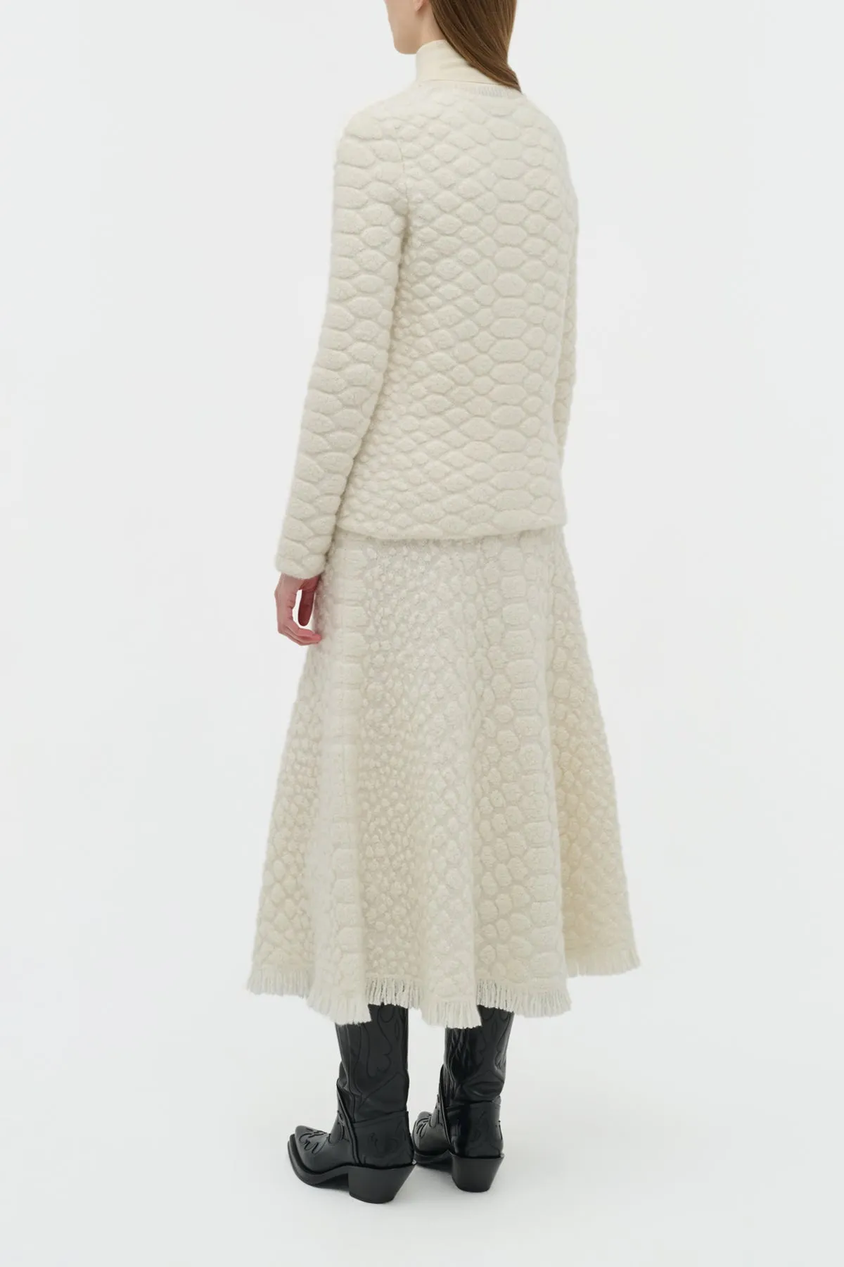Skin Hug Soft Motion Kanta Fringe Knit Midi Skirt in Ivory Cashmere