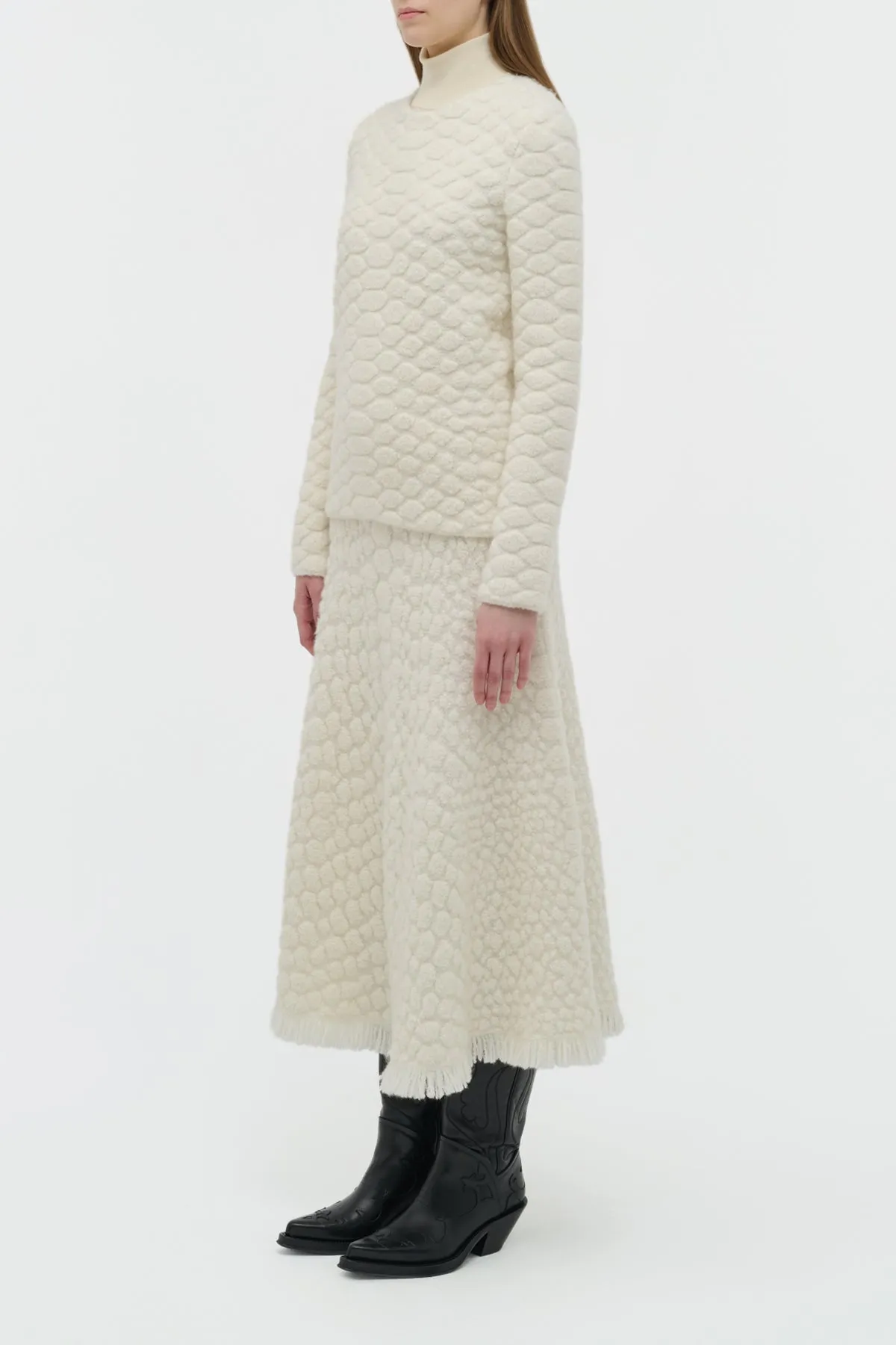 Celebrity Style Kanta Fringe Knit Midi Skirt in Ivory Cashmere