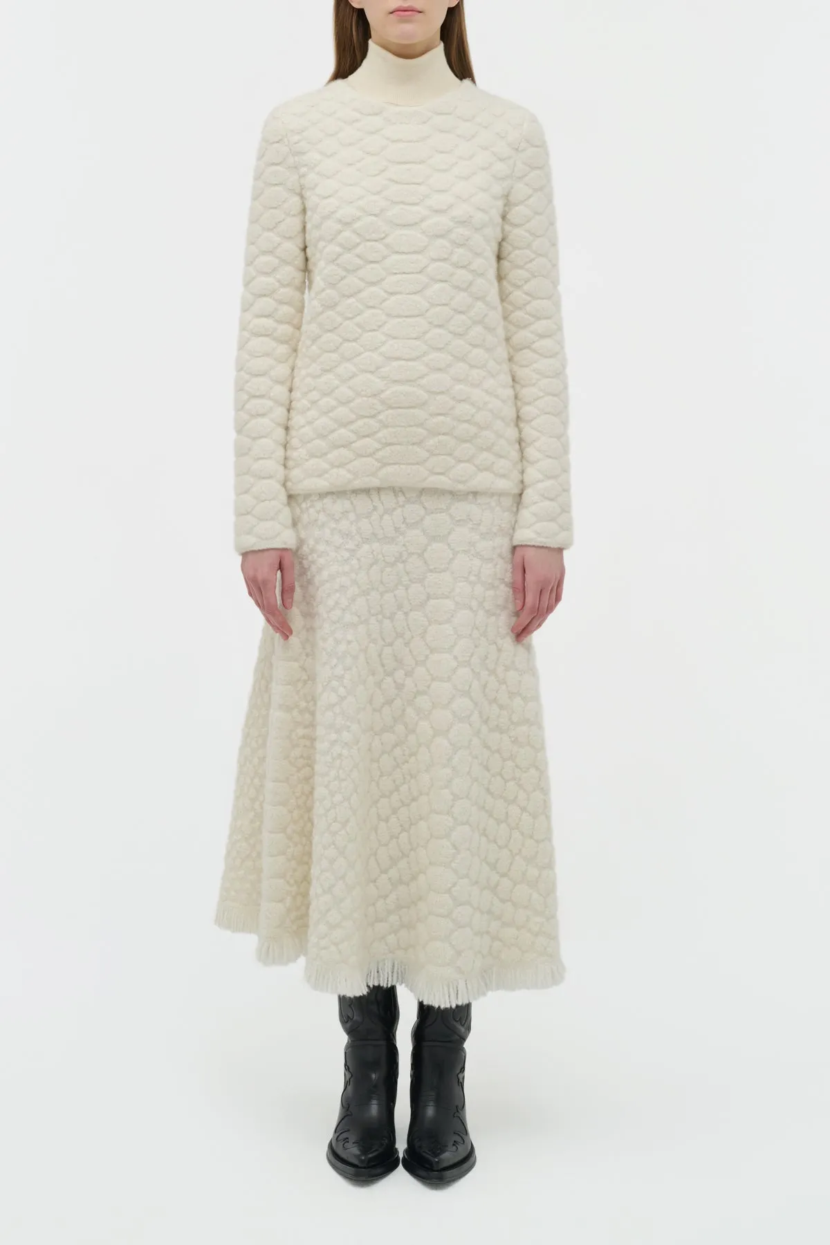 Basic Core FastDrying Inner Layer Kanta Fringe Knit Midi Skirt in Ivory Cashmere
