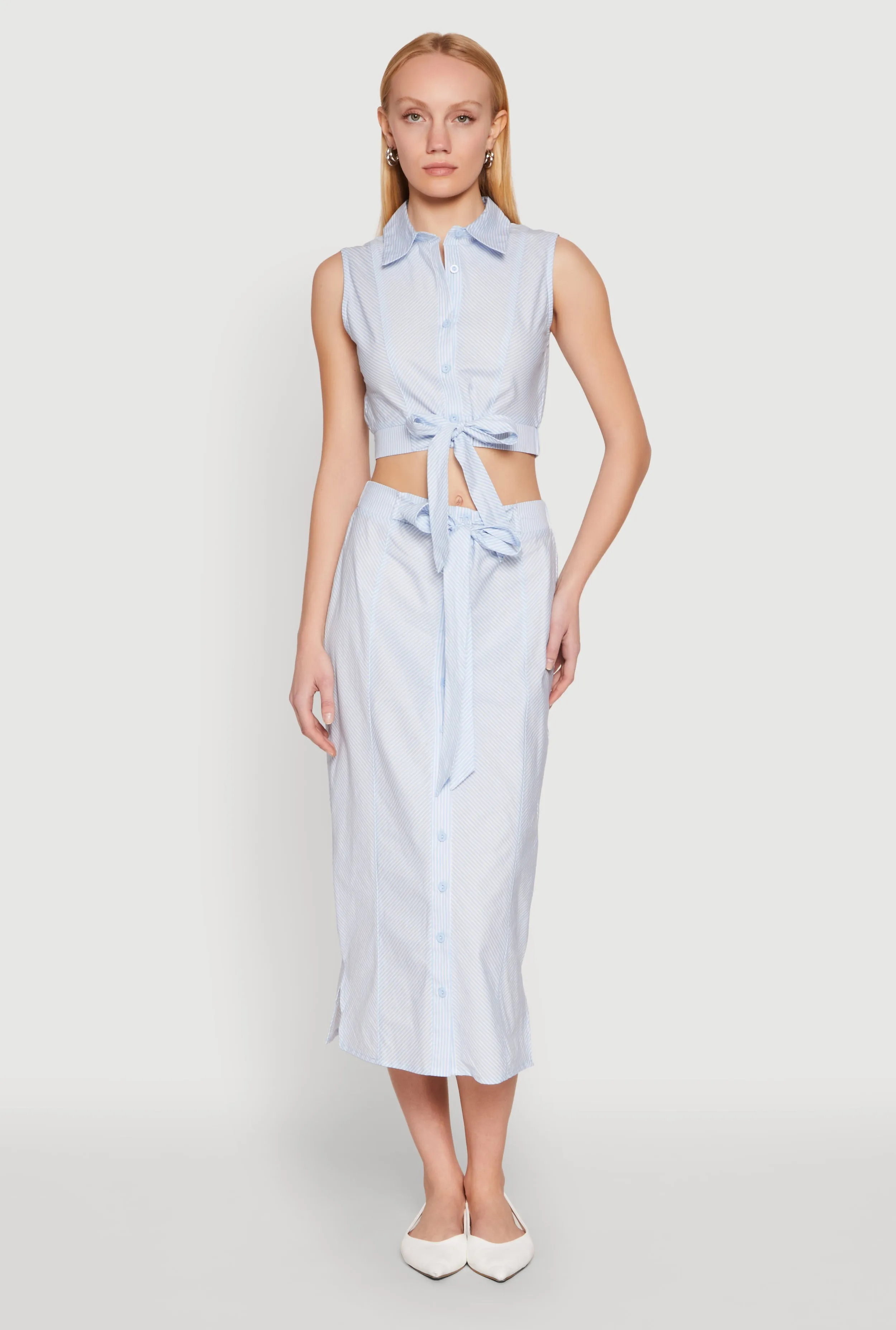 Striped Tie Front Midi Skirt Pastel Colors Vegan Material