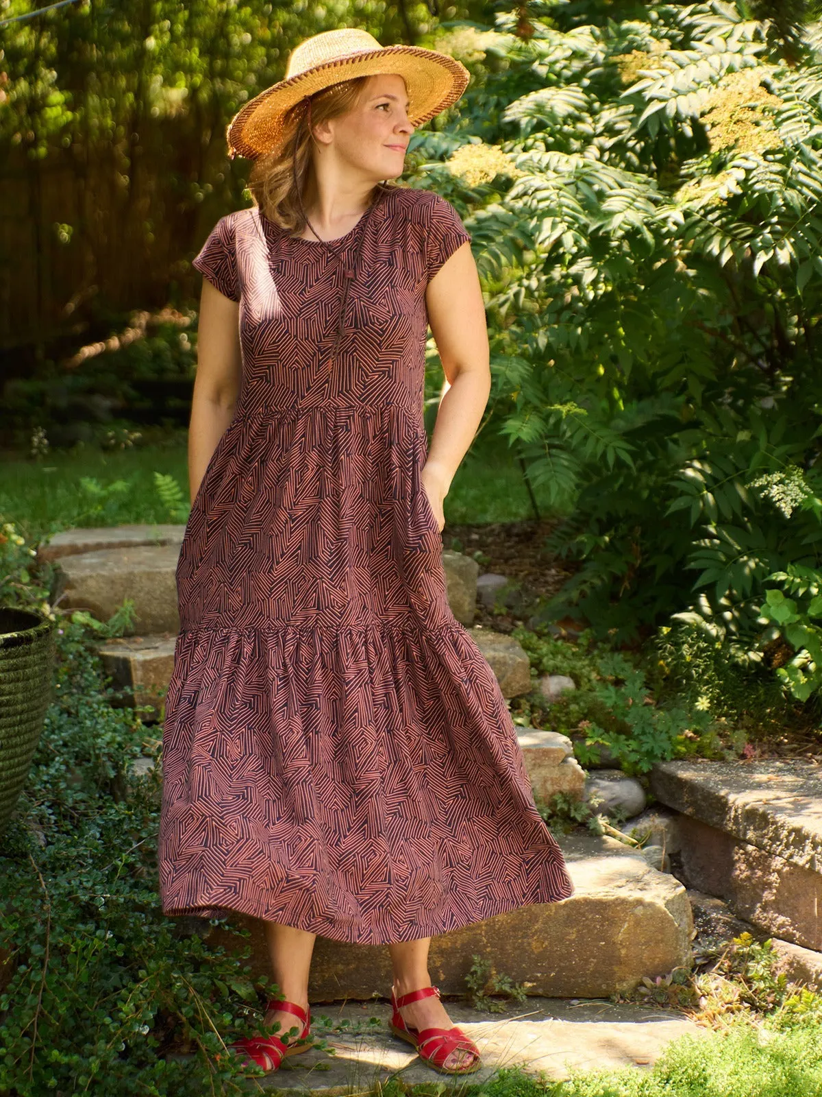 Adjustable Straps Tiered Jersey Dress - Tree Rings Blue