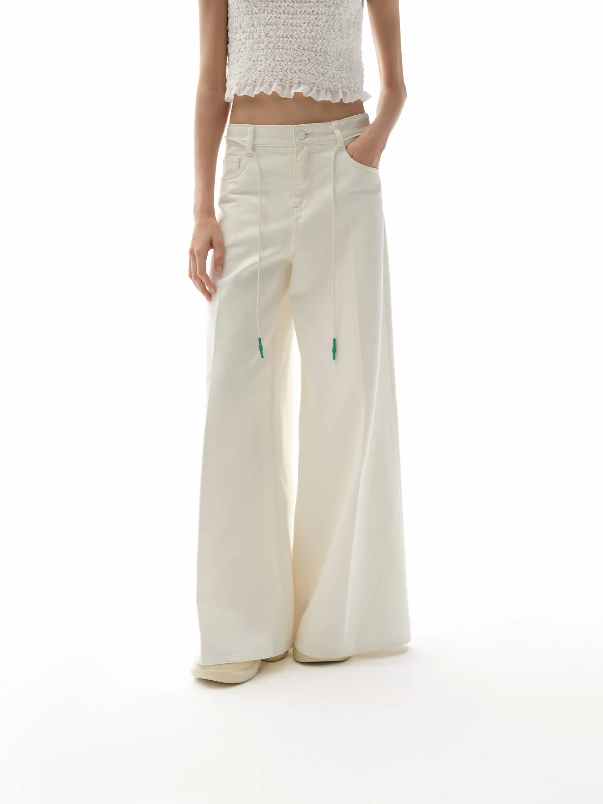 Drawstring Detail Wide Jeans Easy Option Neutral Daily Wear