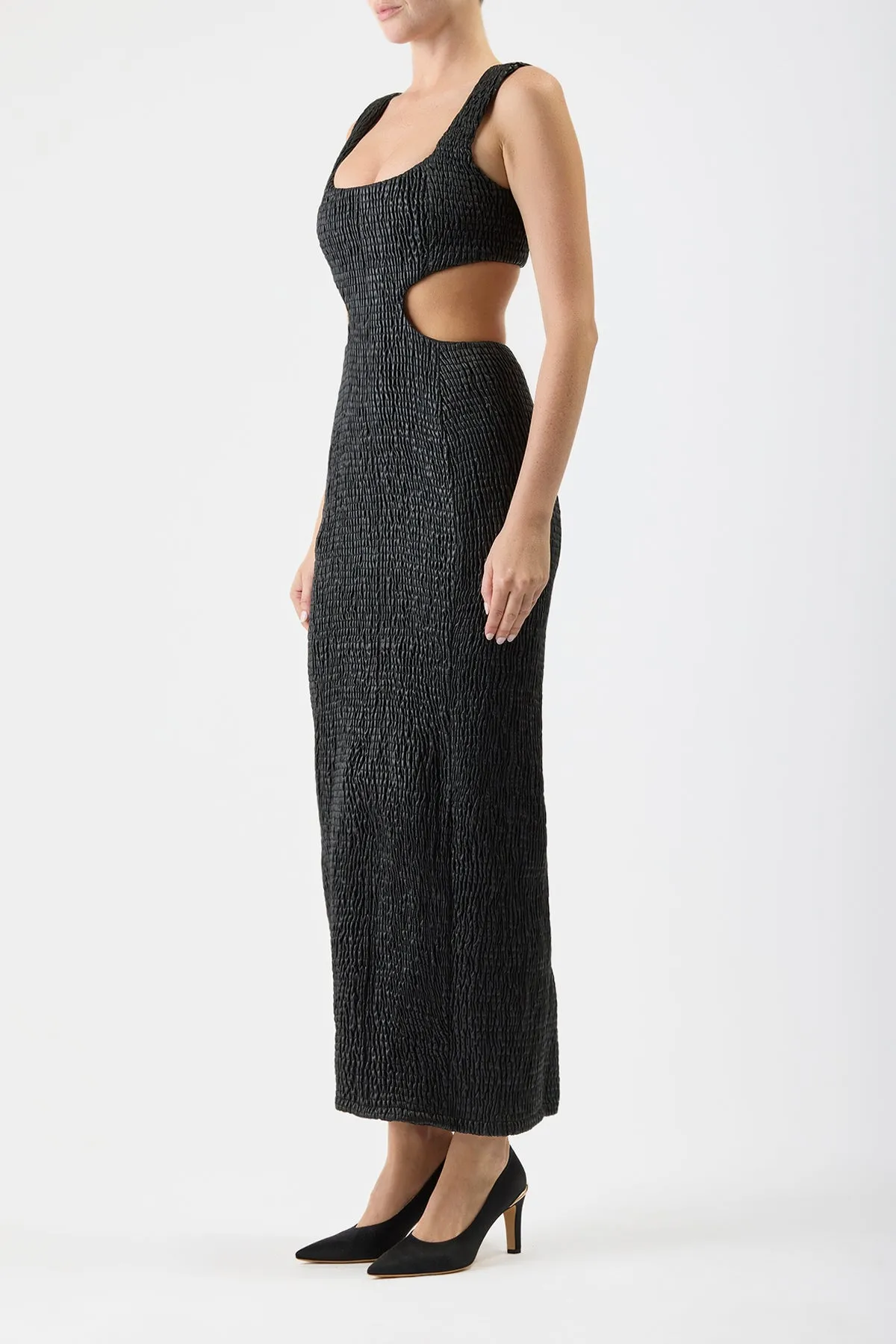 Gal Shirred Maxi Dress with Lining in Black Nappa Leather StretchPaneling