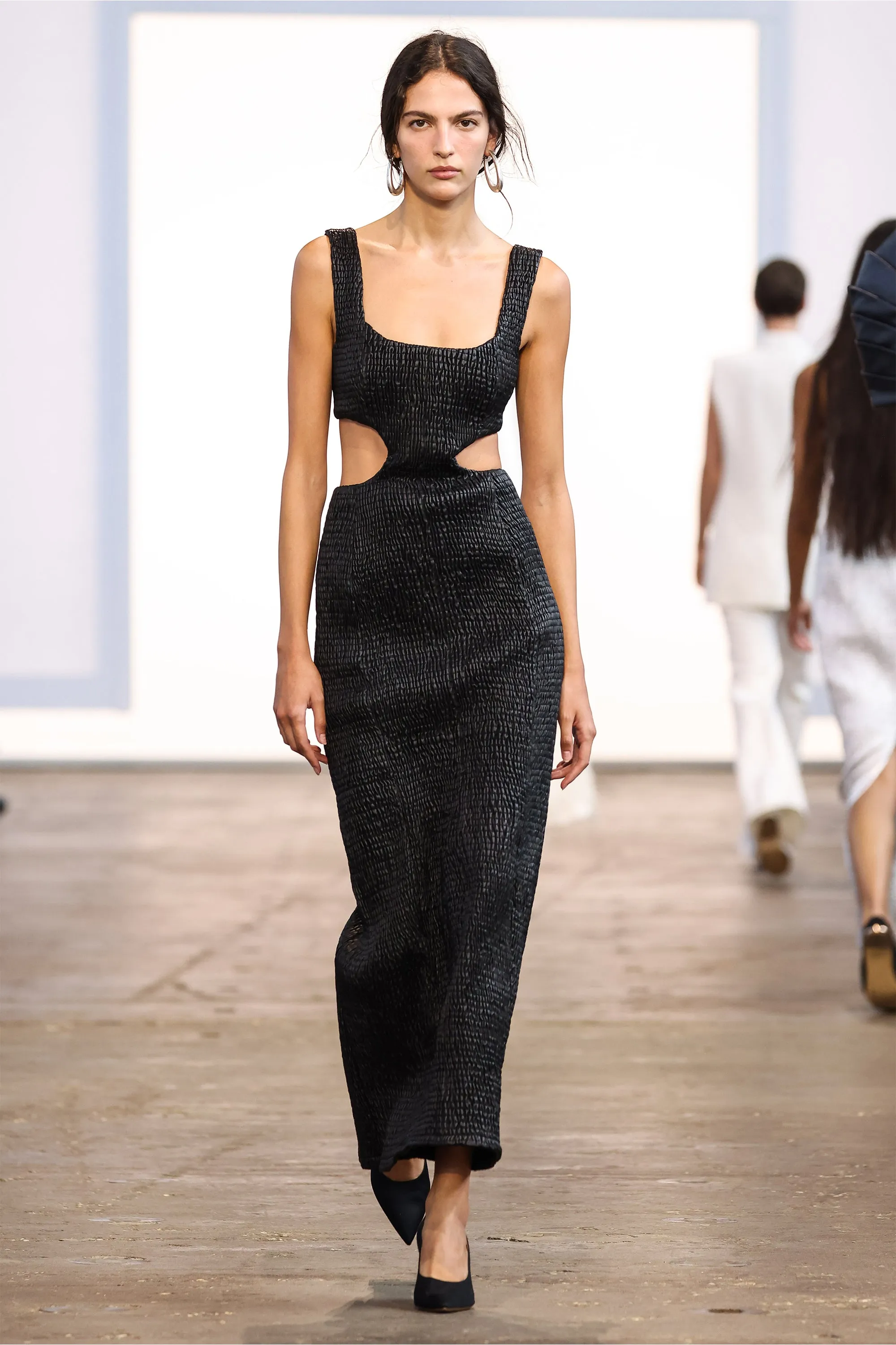 DoubleStitched Gal Shirred Maxi Dress with Lining in Black Nappa Leather