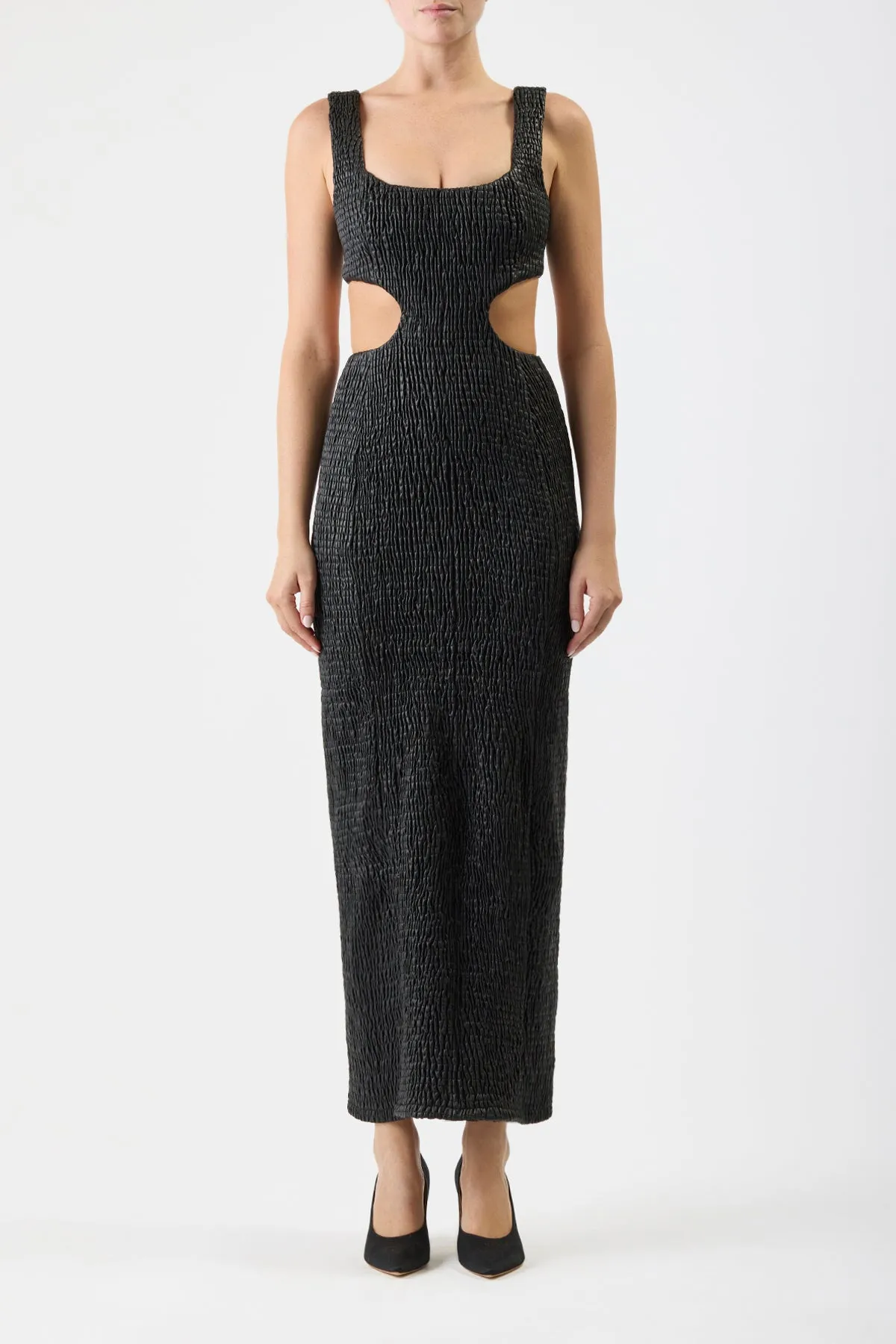 Gal Shirred Maxi Dress with Lining in Black Nappa Leather slow life ThermalRegulation