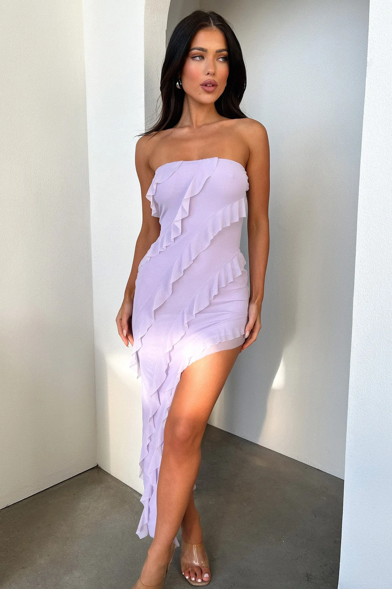 Polished Comfort Jadore Strapless Ruffle Midi Dress - Lilac