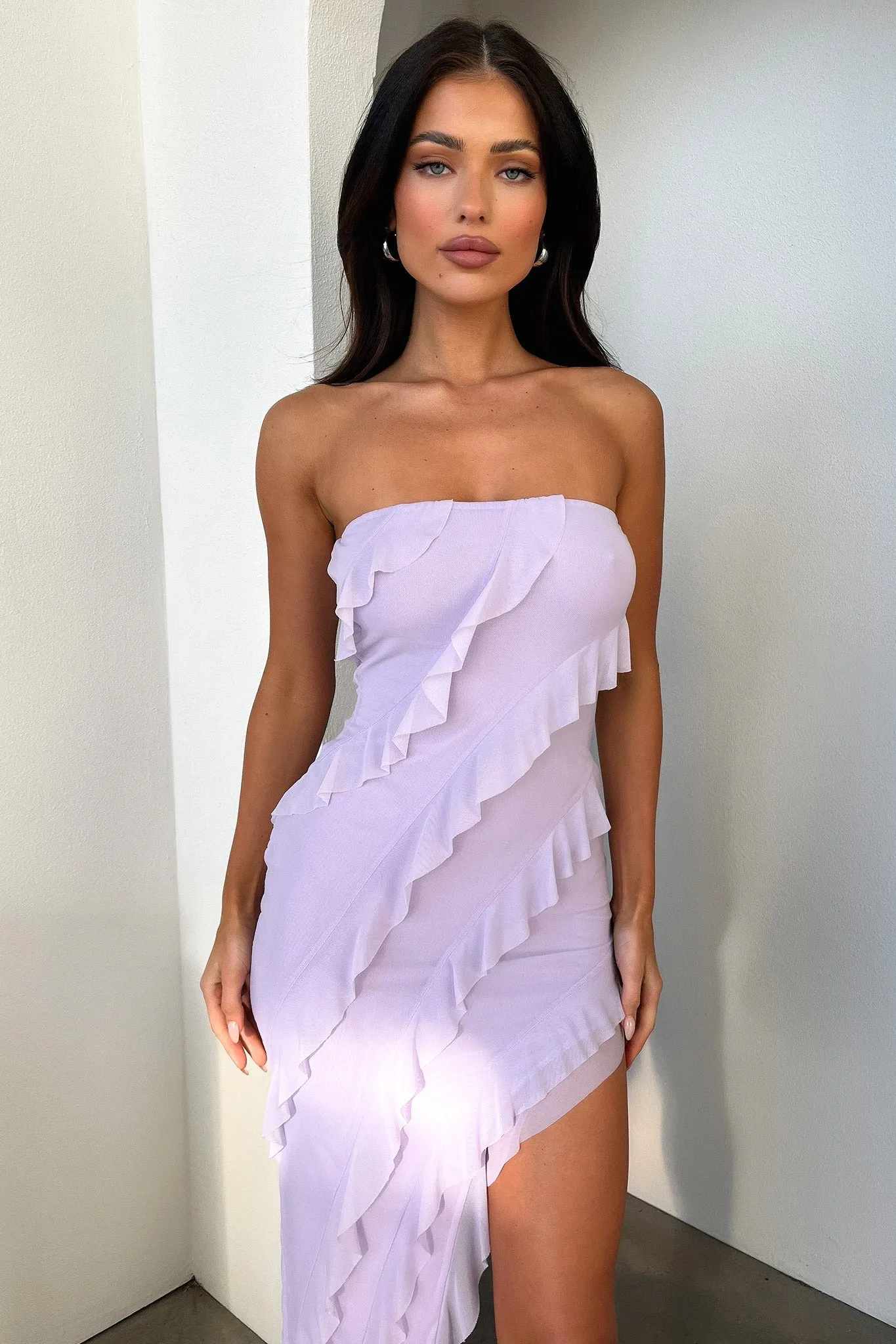 Jadore Strapless Ruffle Midi Dress - Lilac Coffee Break Coral Glow