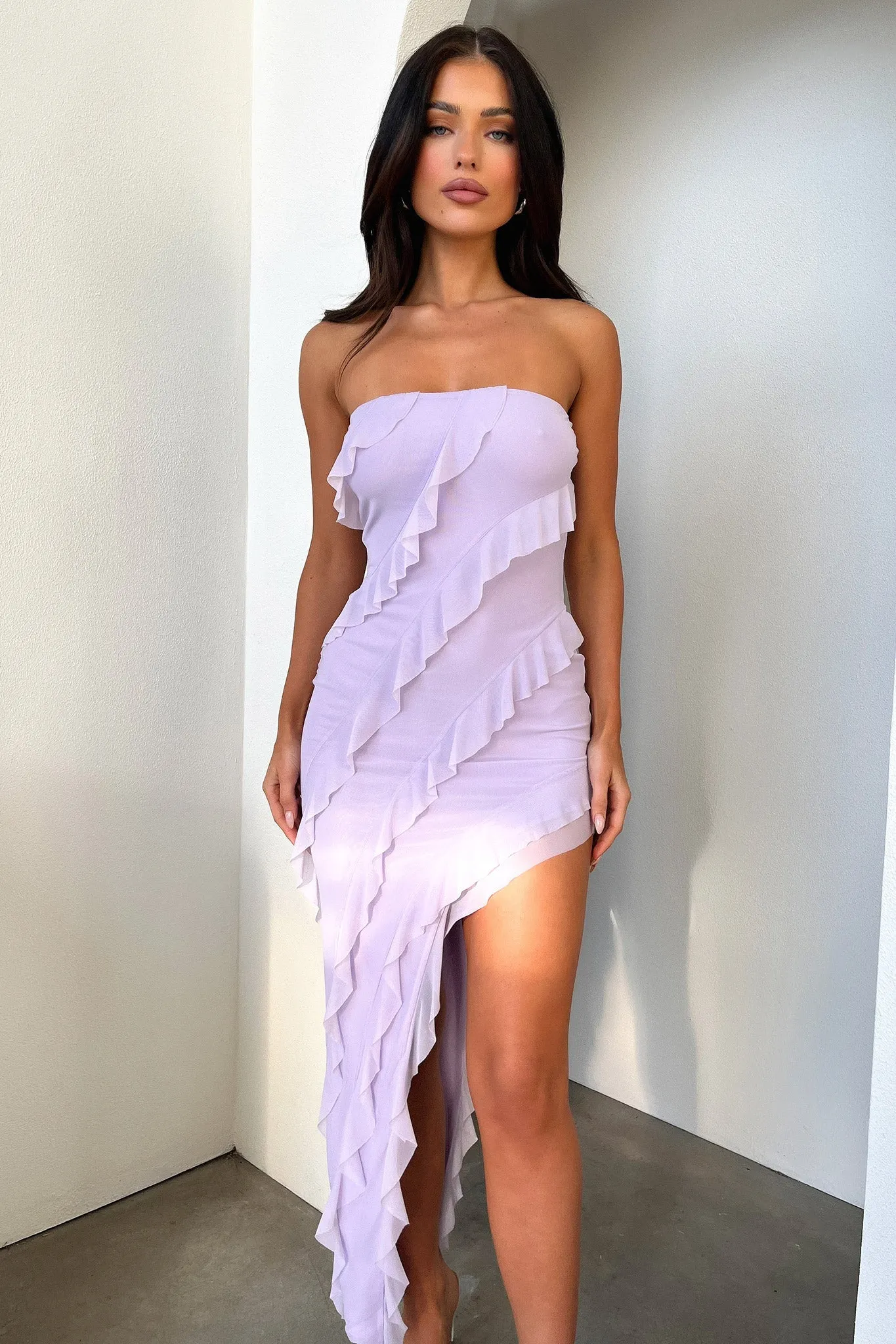 Timeless Look Jadore Strapless Ruffle Midi Dress - Lilac