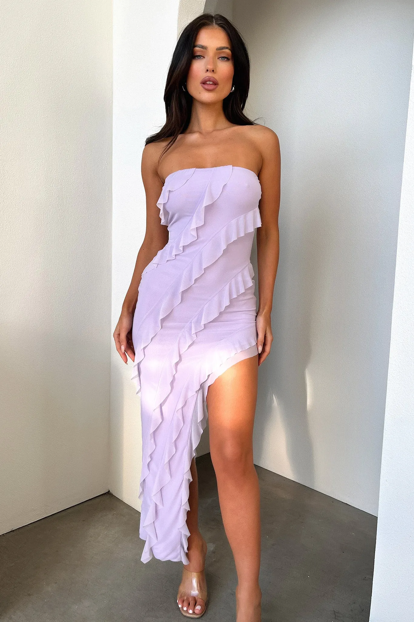 Daily Office Trendy Essentials Jadore Strapless Ruffle Midi Dress - Lilac