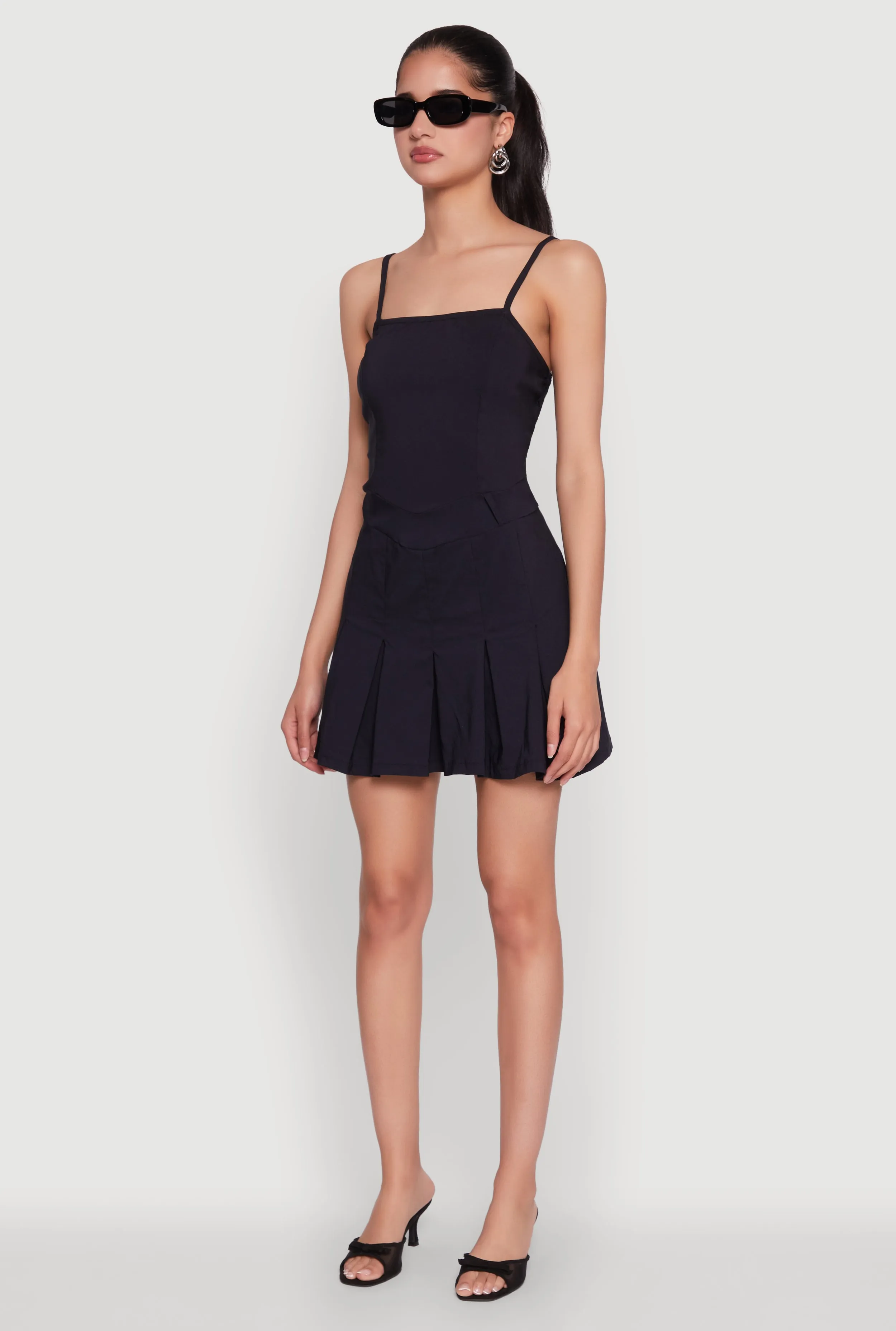 Square Neck Pleated Skater Dress Cozy Wear Chic Wear