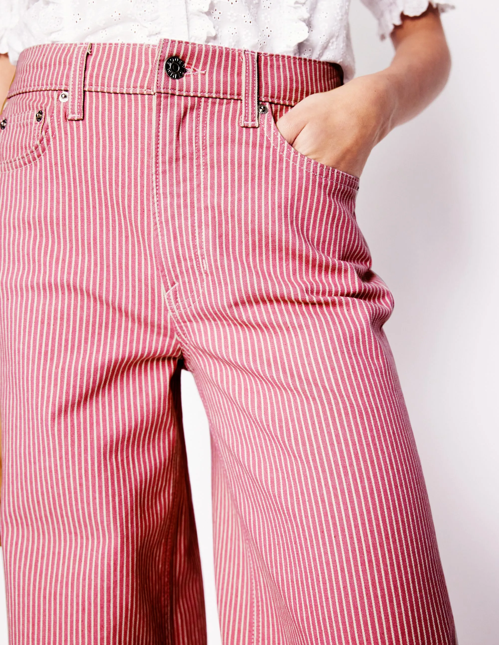 Tagless Design High Rise Wide Leg Jeans-Pink Stripe