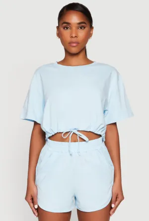 MoistureWicking Classic Fit Daisy Short Sleeve Drawstring Hem Crop Top
