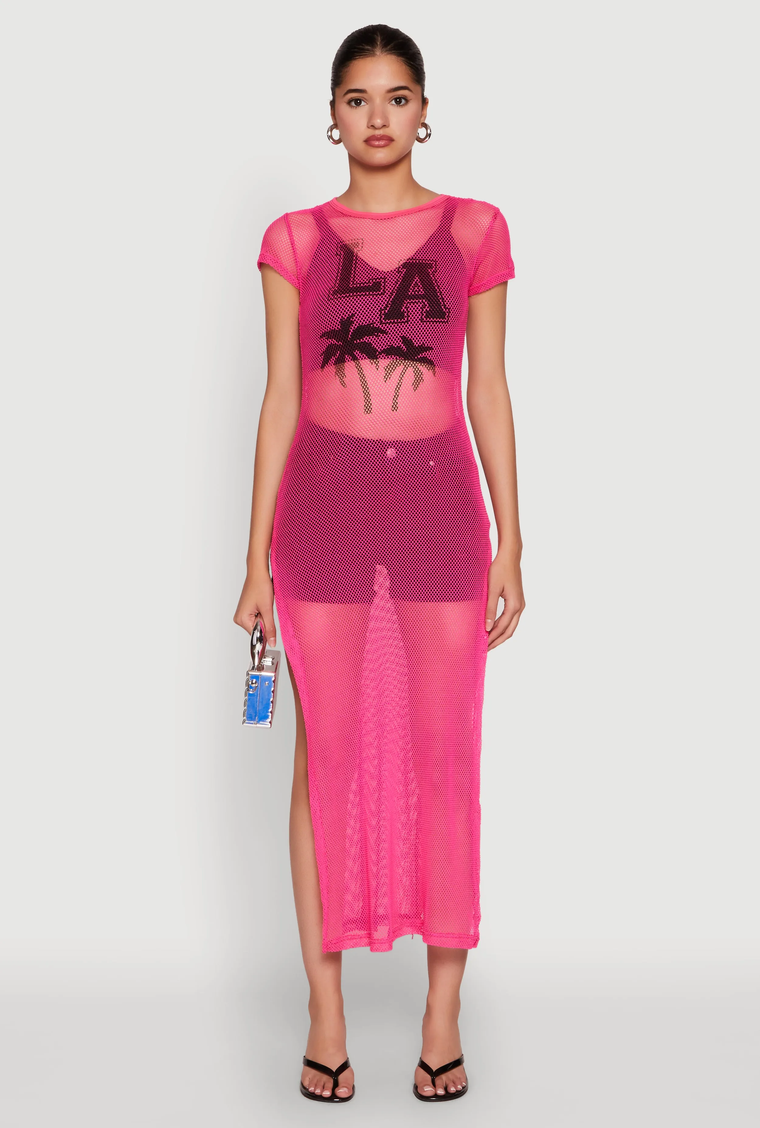 Layering Comfort Active Style Fishnet LA Graphic Side Slit Maxi Top