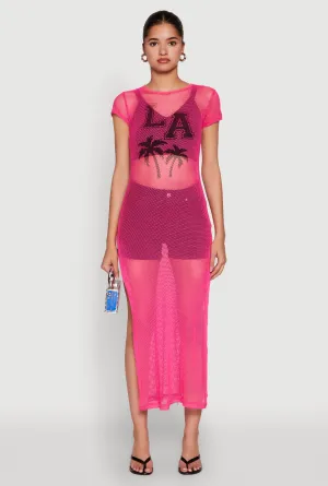 Layering Comfort Active Style Fishnet LA Graphic Side Slit Maxi Top