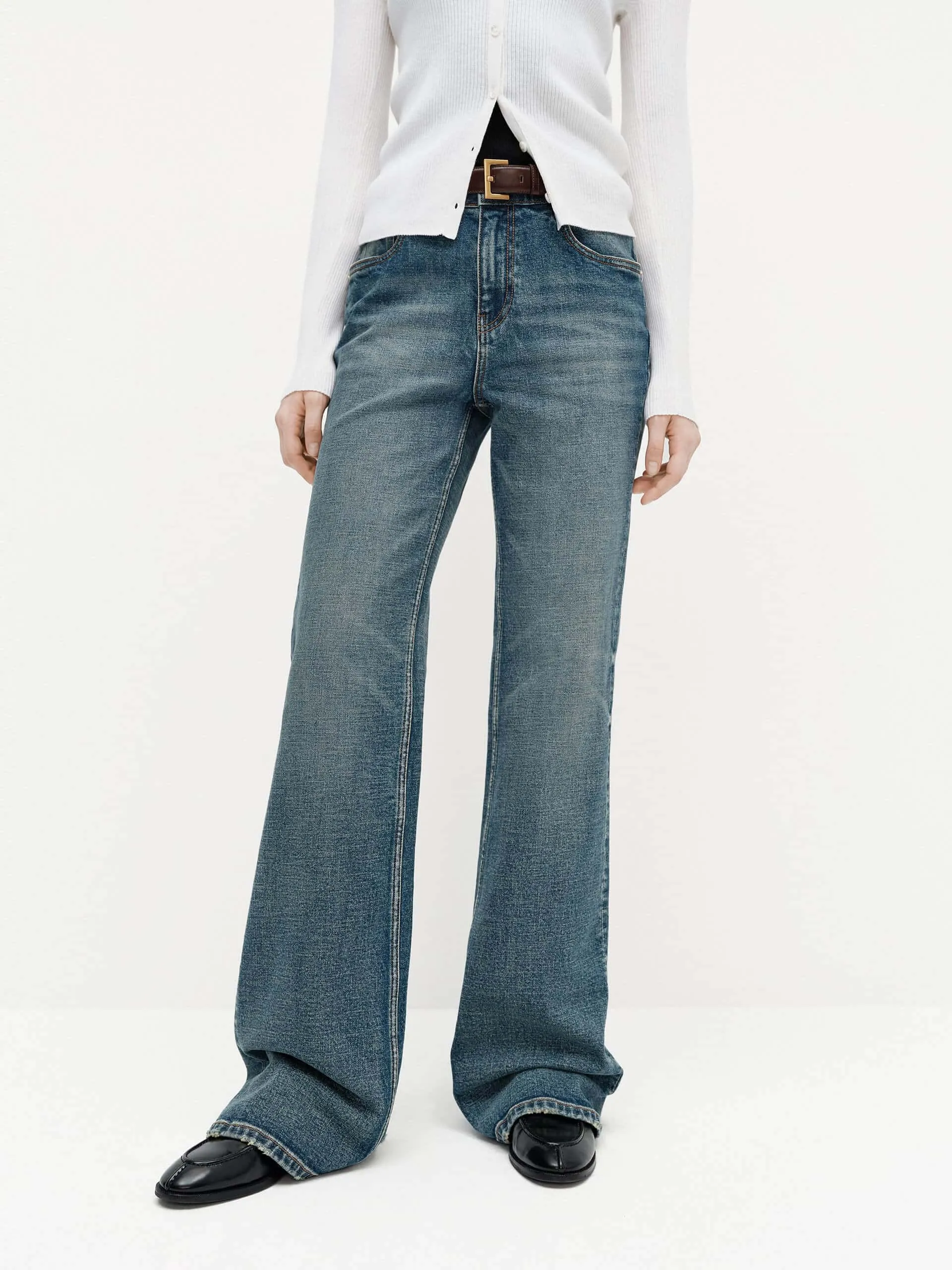 Outfit Ease Crosshatch Stitching Ripped Hem Cotton Jeans