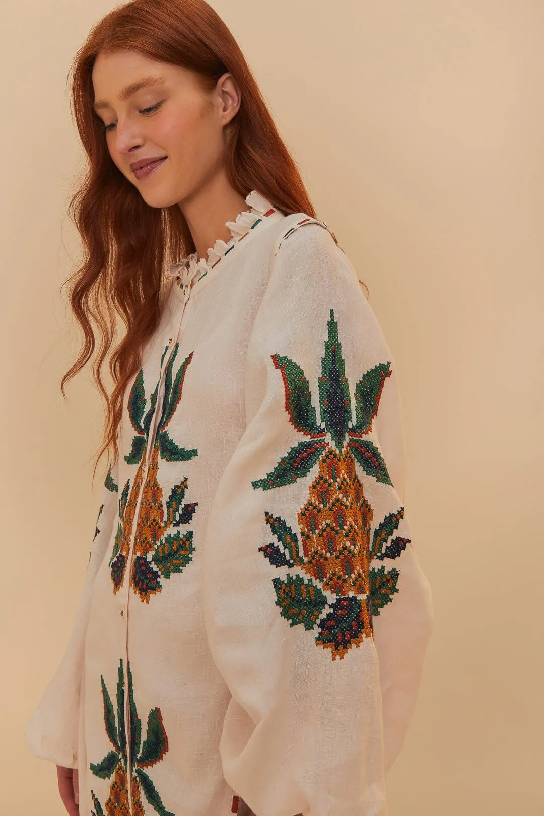 Light Pink Cross Stitch Pineapple Embroidered Midi Dress Polished Fashion Field Glow