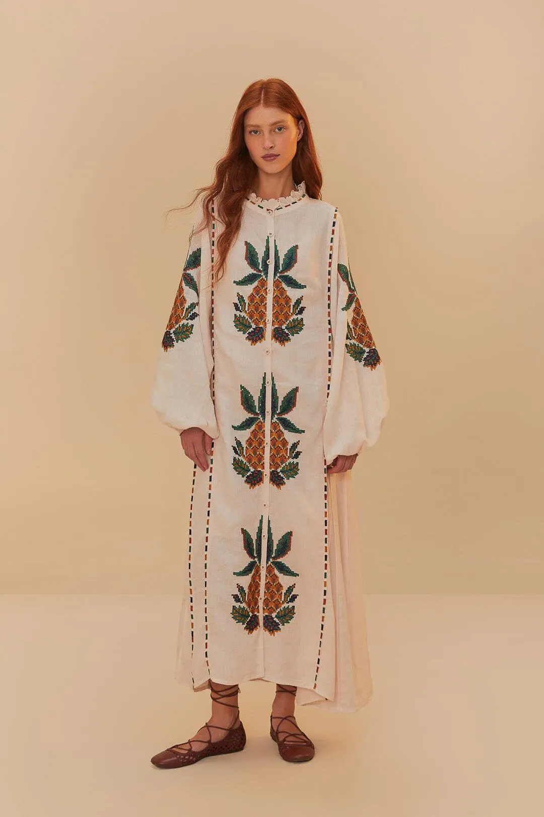 Casual Elegance Light Comfort Light Pink Cross Stitch Pineapple Embroidered Midi Dress