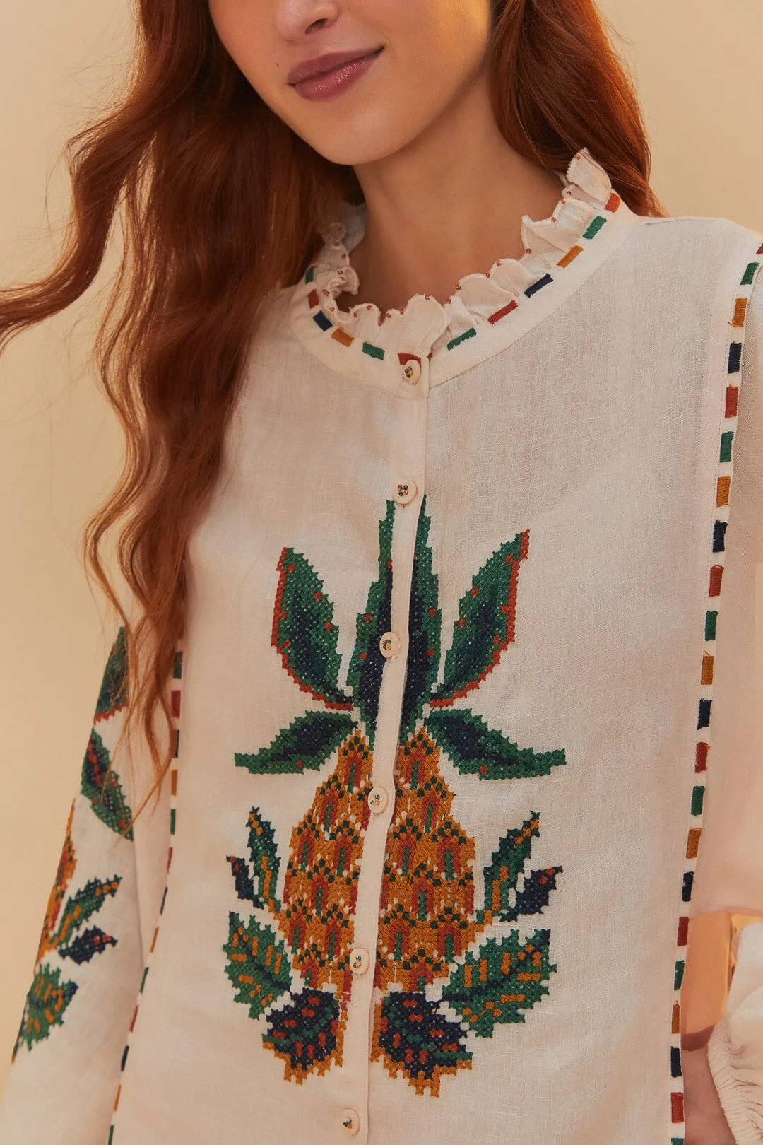 Light Pink Cross Stitch Pineapple Embroidered Midi Dress Easy-care midi