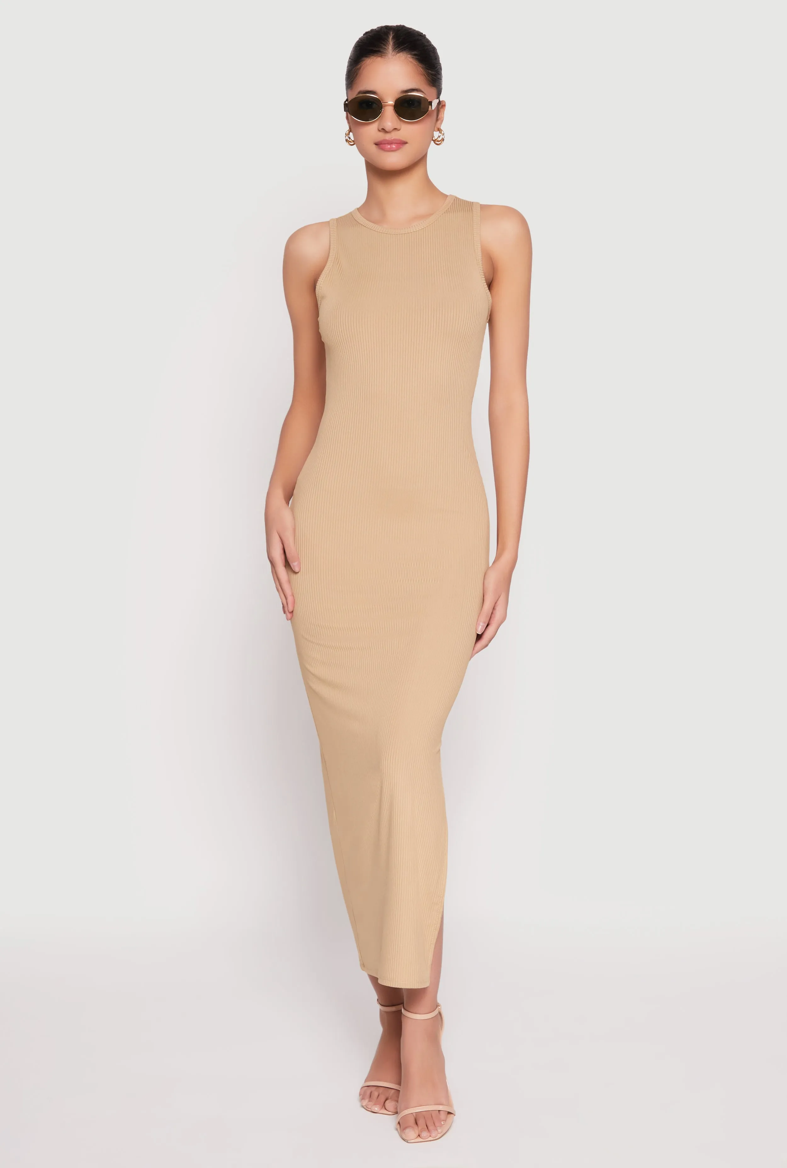 Warm Air Ribbed Knit Side Slit Tank Maxi Dress