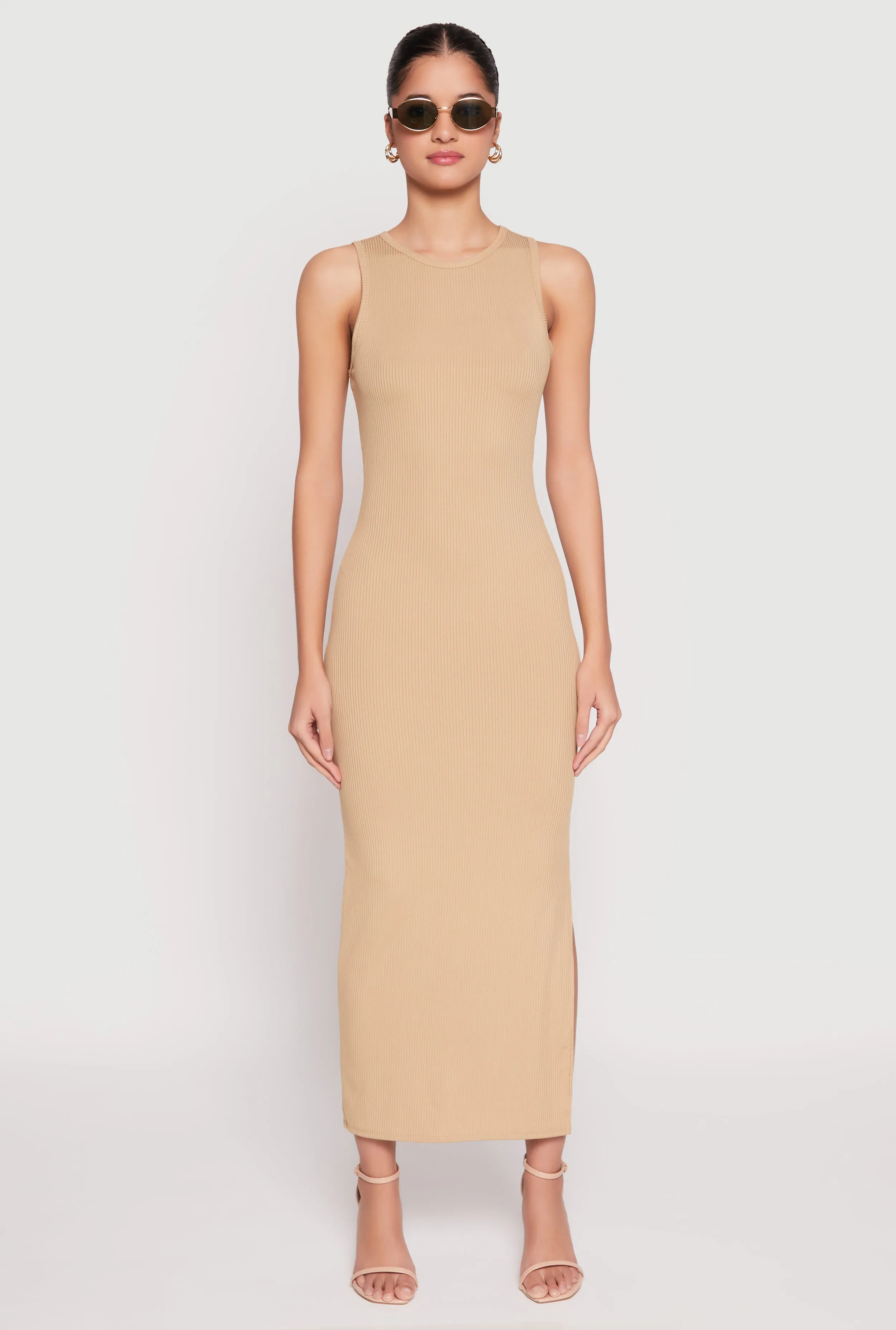Ribbed Knit Side Slit Tank Maxi Dress Sunshine Hour Muslin Glow