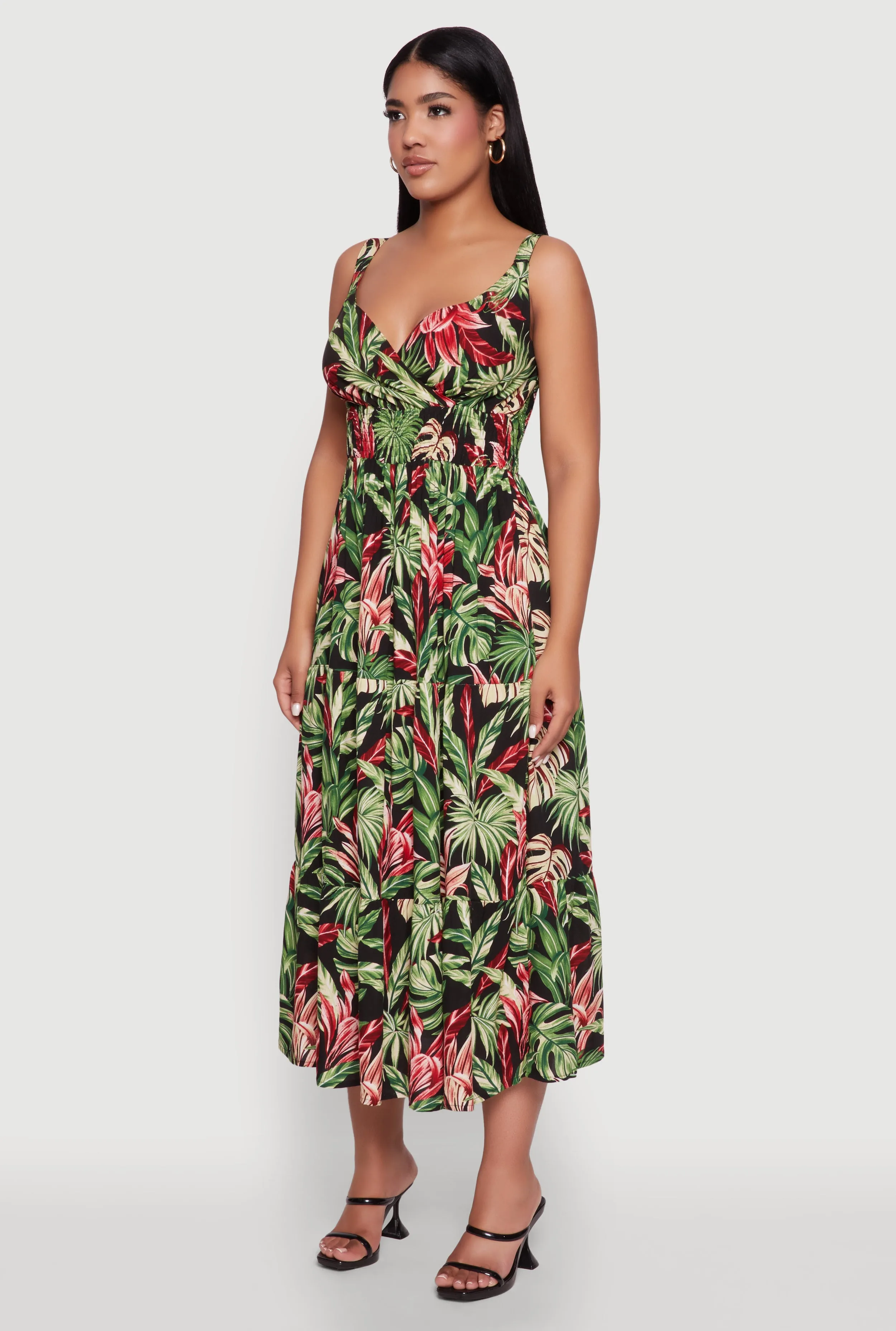Tropical Leaf Print Empire Waist Sundress Pleat Glow Sequin Glow
