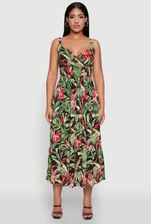 Tropical Leaf Print Empire Waist Sundress Dream Flow Town Lane