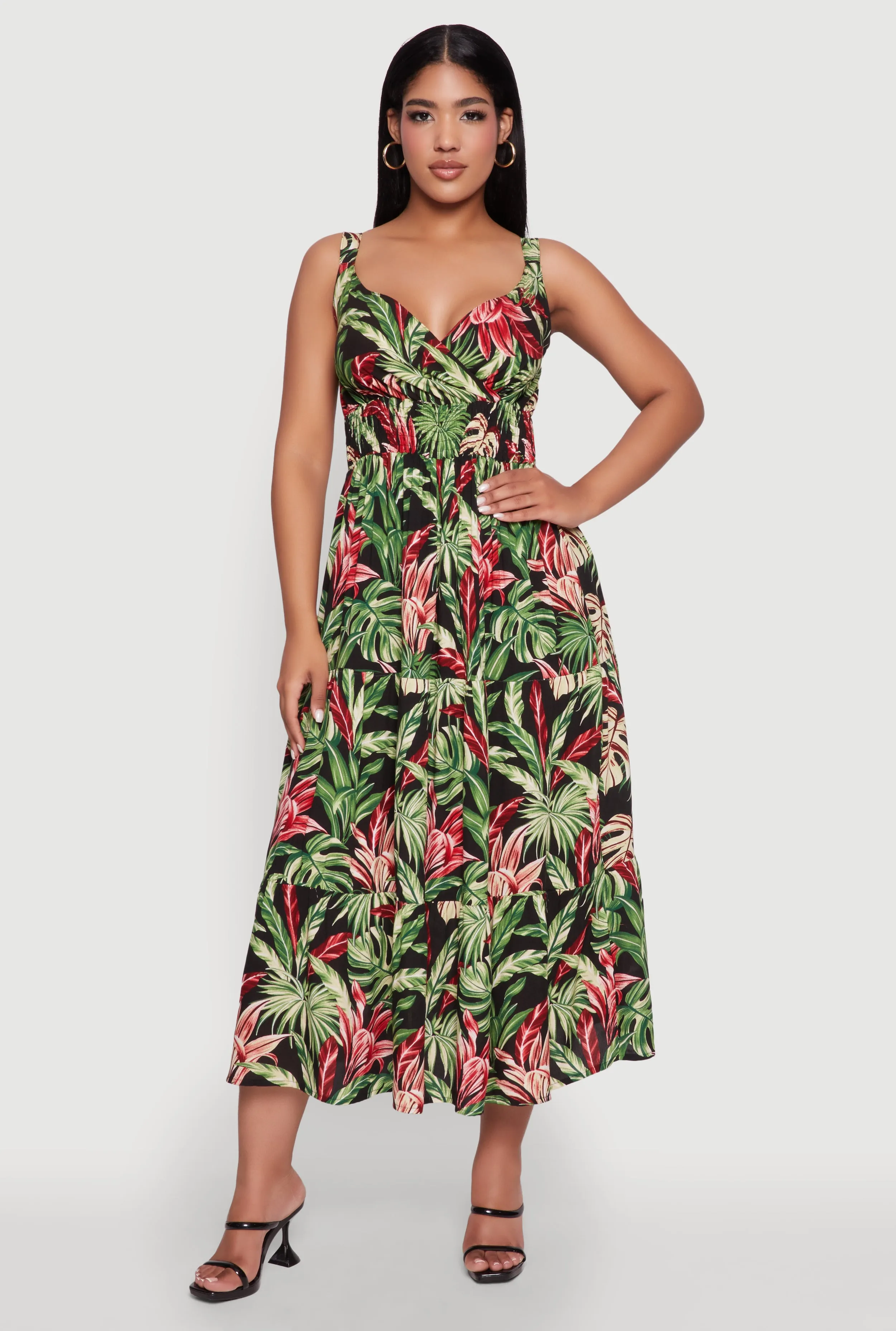 Sun Heat Tropical Leaf Print Empire Waist Sundress