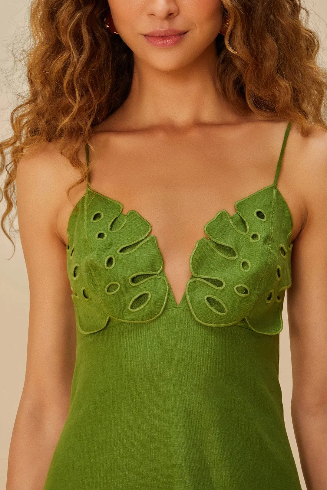 Green Monstera Embroidered Euroflax? Premium Linen Midi Dress Elegant office dress Comfortable Cut