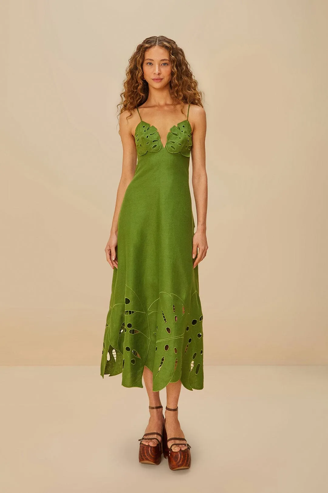 Green Monstera Embroidered Euroflax? Premium Linen Midi Dress Castle Gate Park Bench