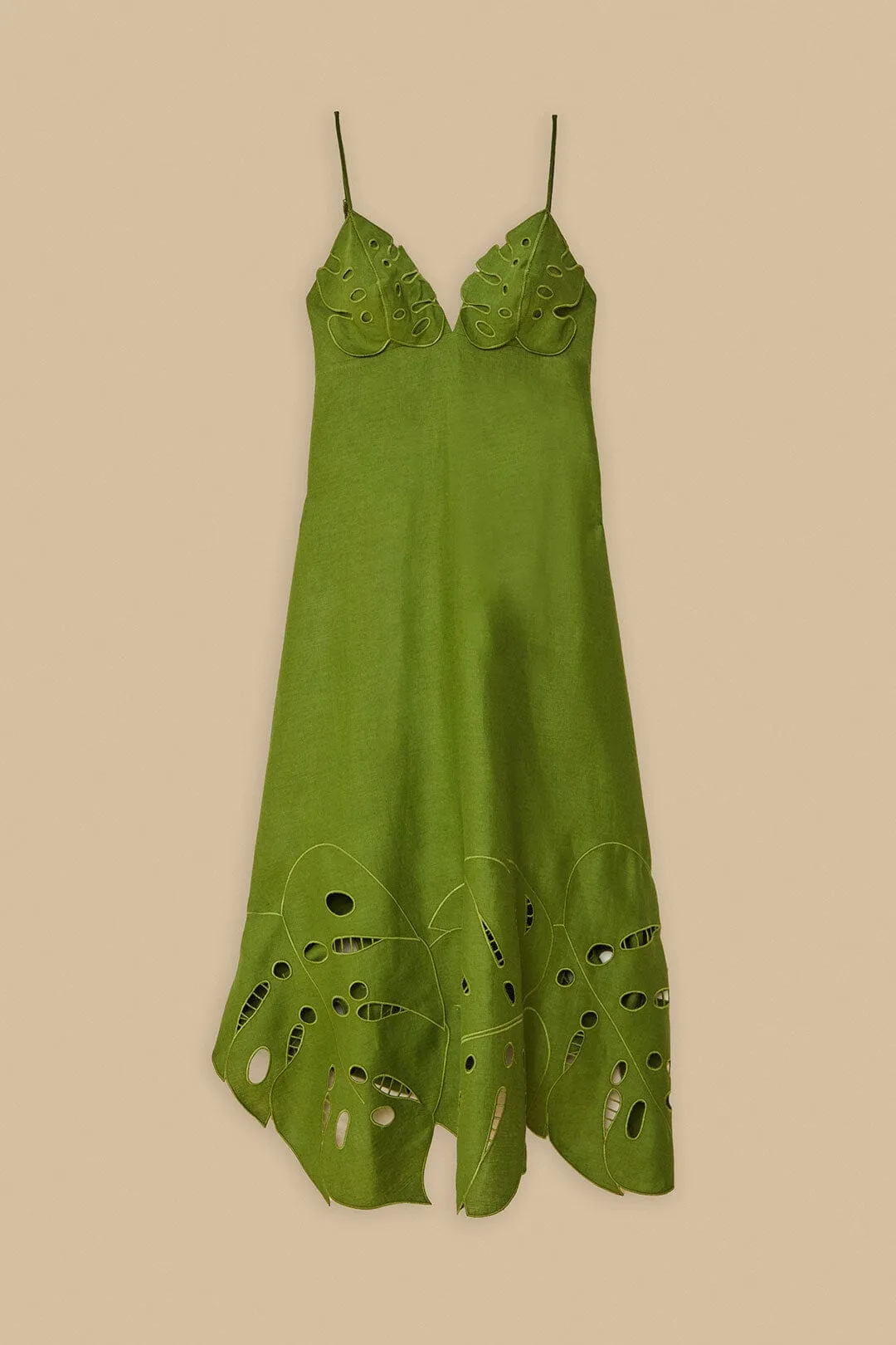 Comfy chic Elegant knee-length dress Green Monstera Embroidered Euroflax? Premium Linen Midi Dress