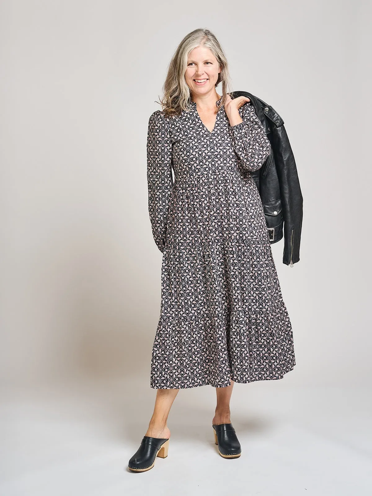 Norah Tiered Dress - Black Botanical Strong Edge
