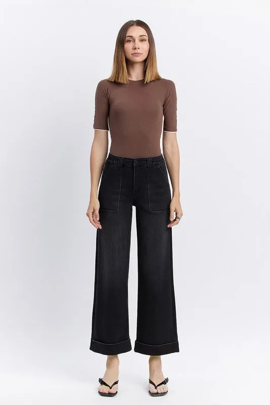 London Edge Black Vervet High Rise Double Cuff Baggy Wide Leg Jeans