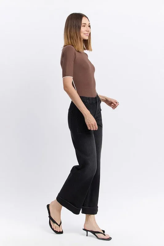 french chic Black Vervet High Rise Double Cuff Baggy Wide Leg Jeans