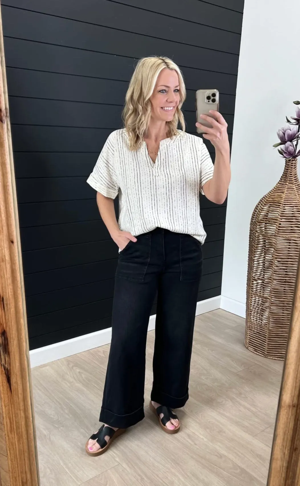 Black Vervet High Rise Double Cuff Baggy Wide Leg Jeans DoubleStitched