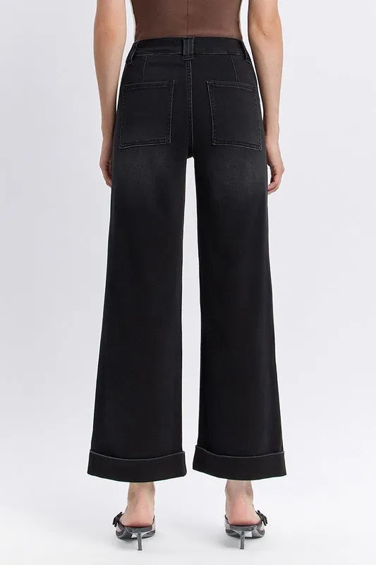 Black Vervet High Rise Double Cuff Baggy Wide Leg Jeans Matte Fit Party Ready