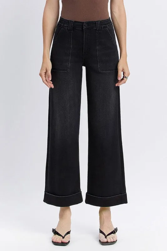 Black Vervet High Rise Double Cuff Baggy Wide Leg Jeans Brave Fit