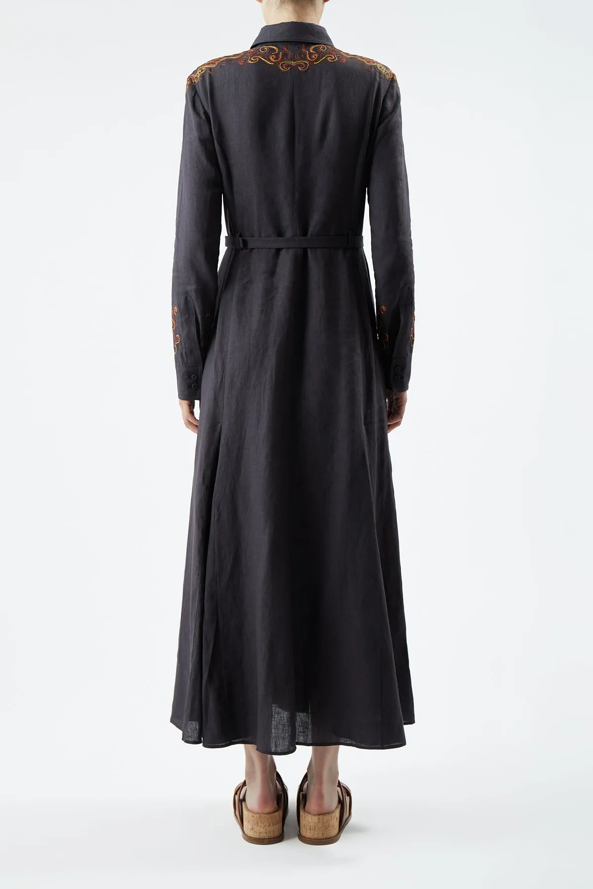 Seamless construction Luxury Core Mcgraw Embroidered Shirtdress in Charcoal Aloe Linen