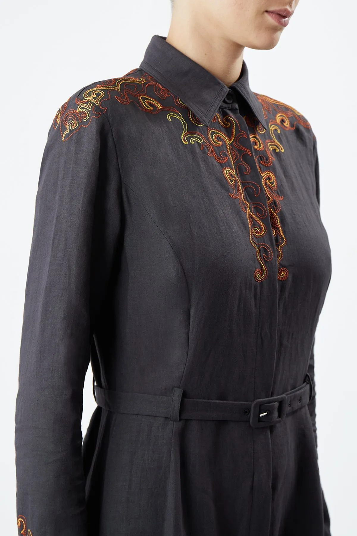 Mcgraw Embroidered Shirtdress in Charcoal Aloe Linen Myth Glow