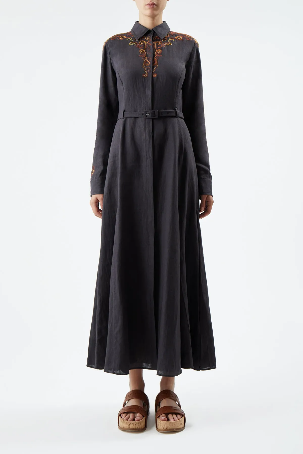 CompactFold Matte Fit Mcgraw Embroidered Shirtdress in Charcoal Aloe Linen