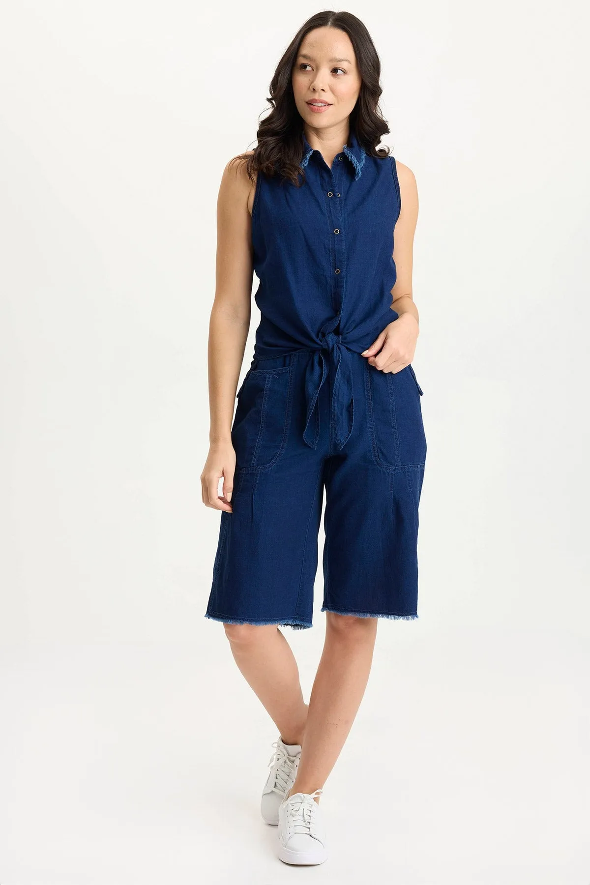 Tague Indigo Twill Knotted High-Low Snap-Up Tank ReinforcedKnees