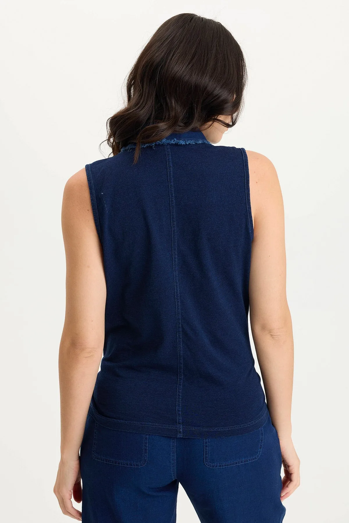 Tague Indigo Twill Knotted High-Low Snap-Up Tank Craft Edge