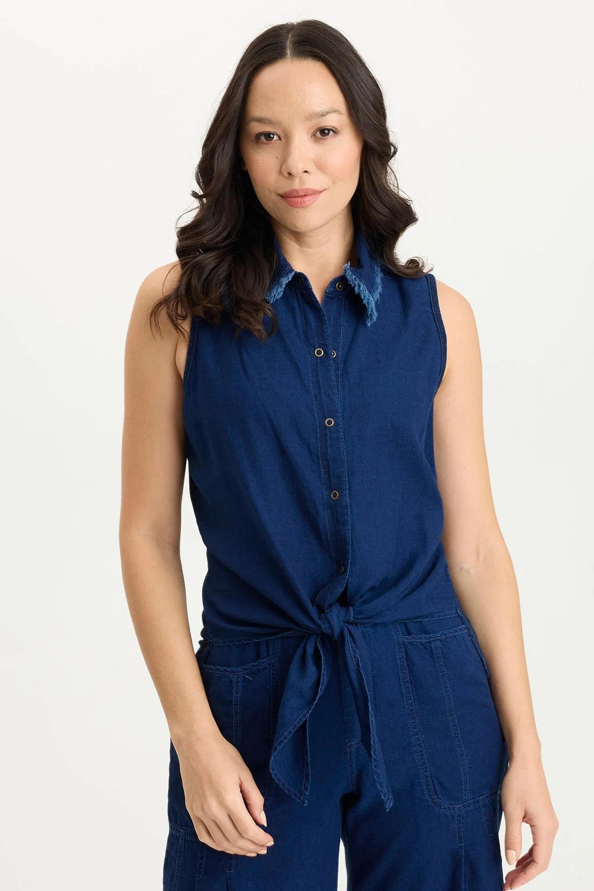 AntiFadeTechnology QuickDrying Material Tague Indigo Twill Knotted High-Low Snap-Up Tank