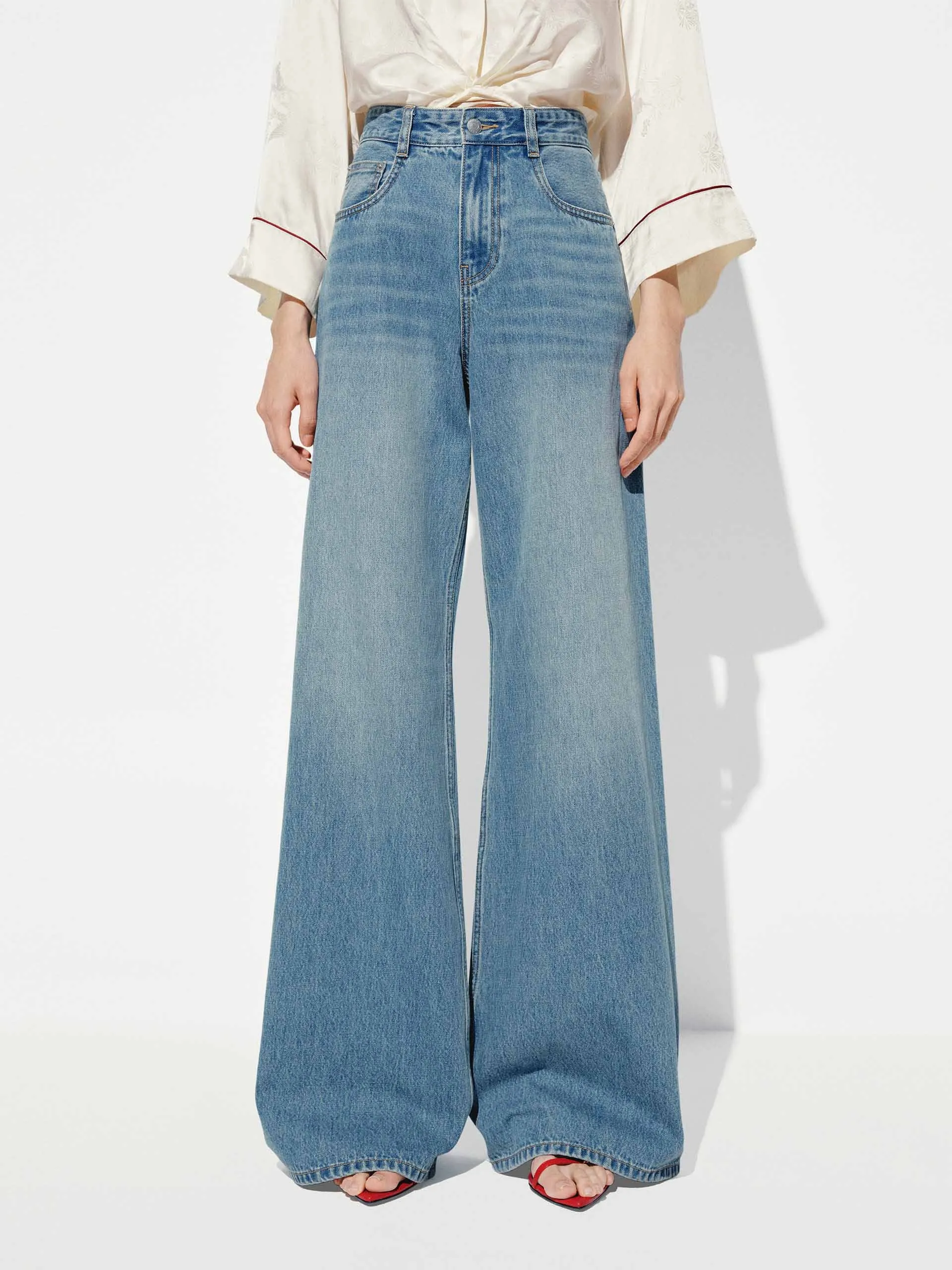 Quality Staple Pure Cotton Wide Leg Jeans