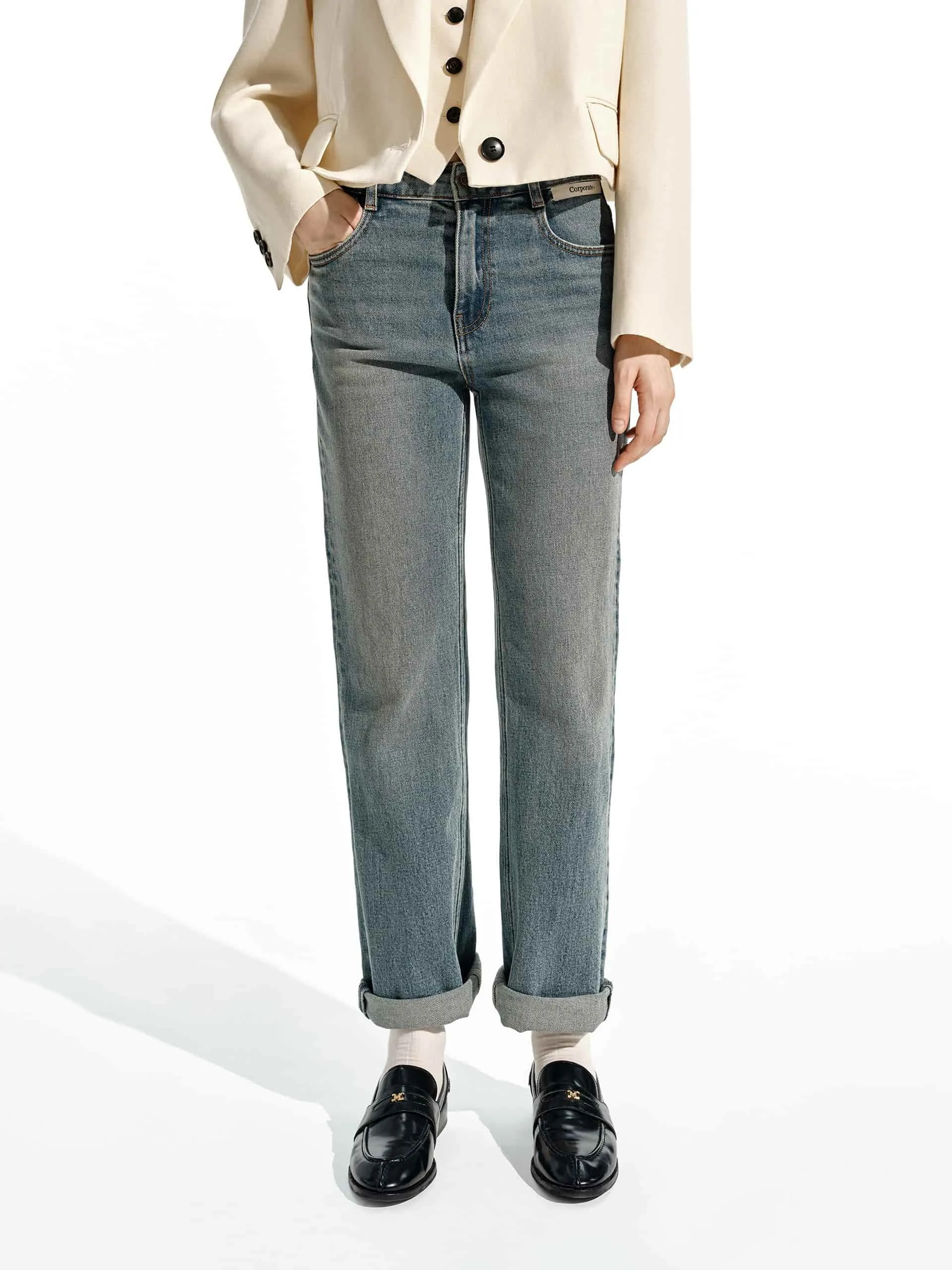 Letter Pocket Straight Jeans Eco Friendly Production