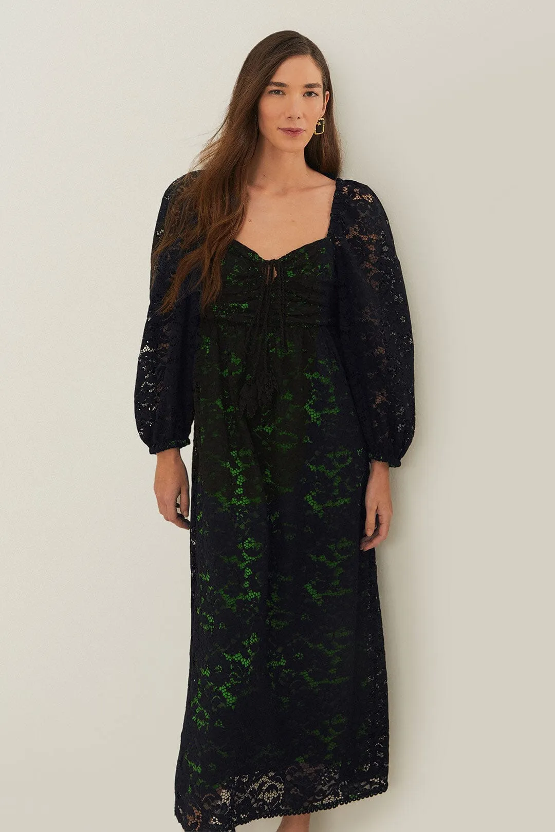 Lace Fine Black Lace Long Sleeve Midi Dress