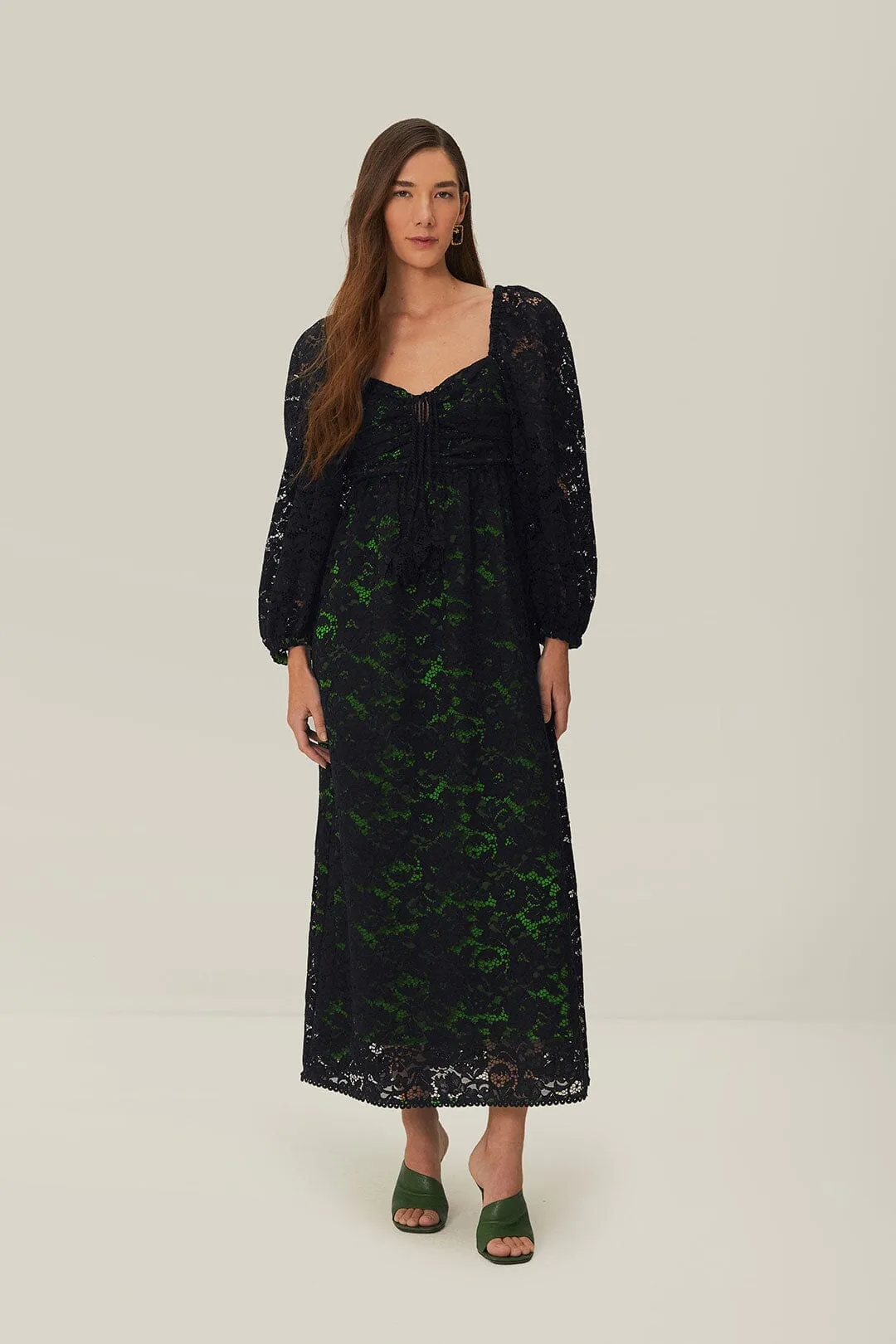 Light Air breath easy Black Lace Long Sleeve Midi Dress